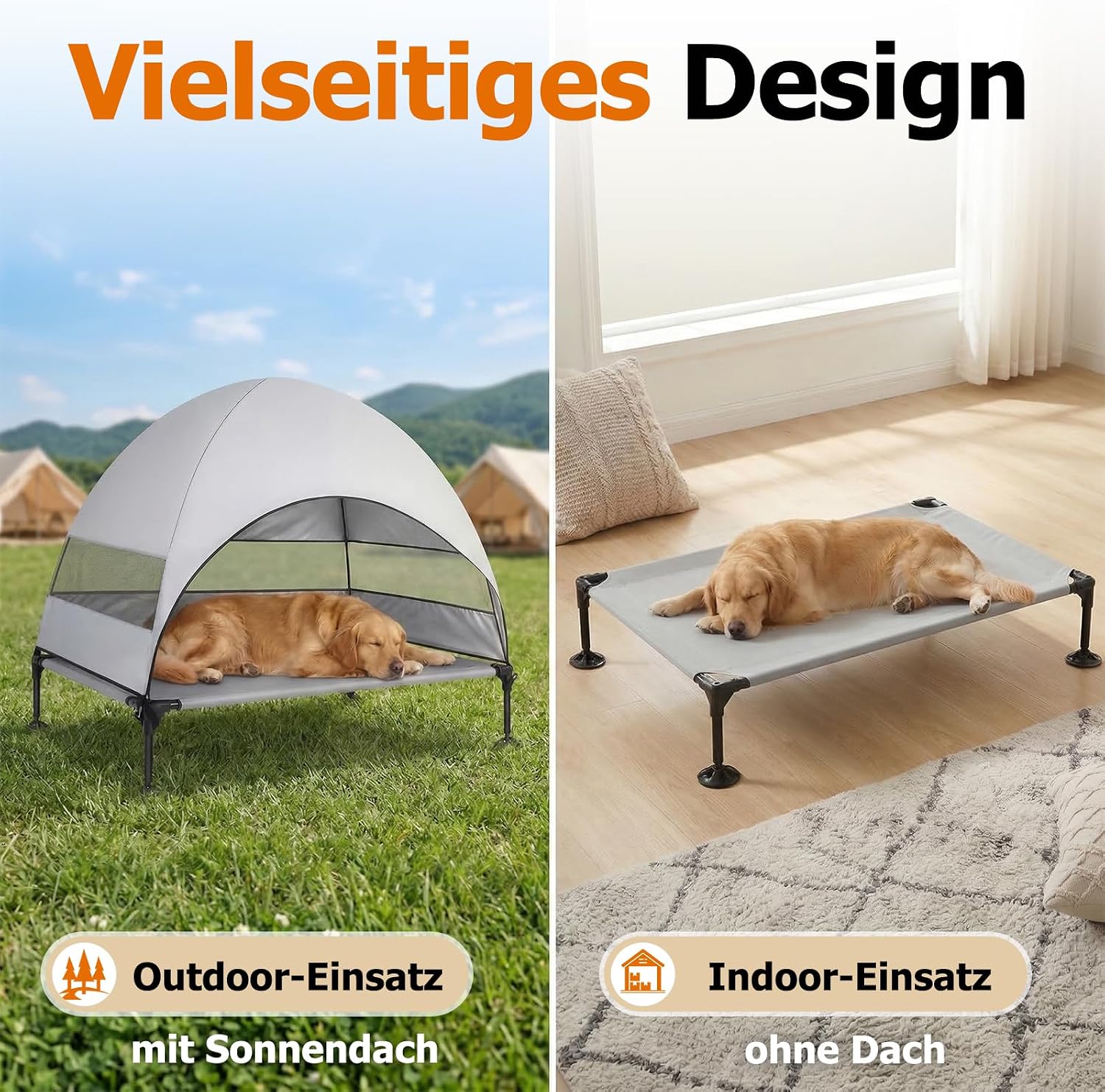 Thumbnail 5 de Erhöhtes Hundebett Outdoor mit UV-beständigem Dach – Klappbar, Anti‑Rutsch‑Füße, Hundezelt Grau (L)