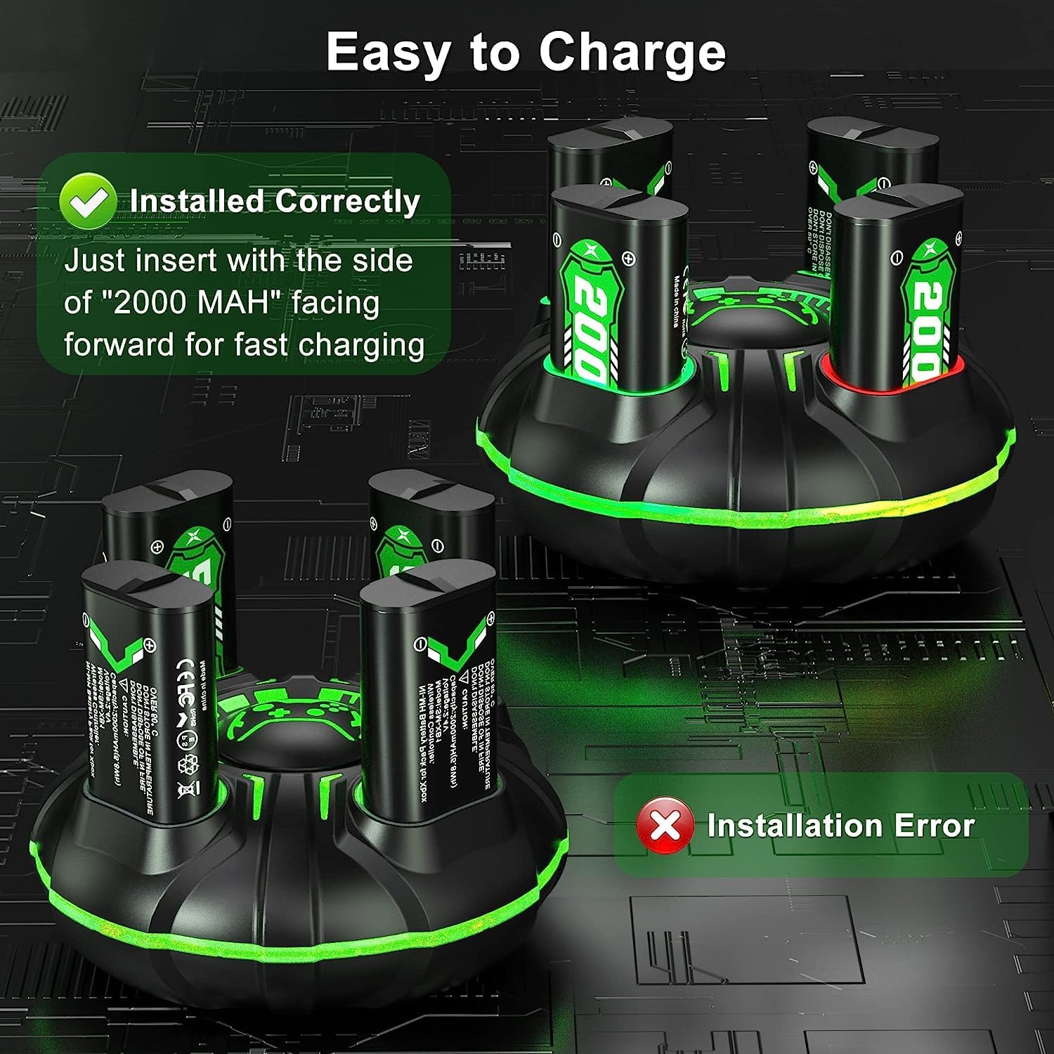 Detalle 2 de Akku für Xbox Series X/S und Xbox One Controller – 4x2000mAh Schnelllade-Set mit RGB-LED