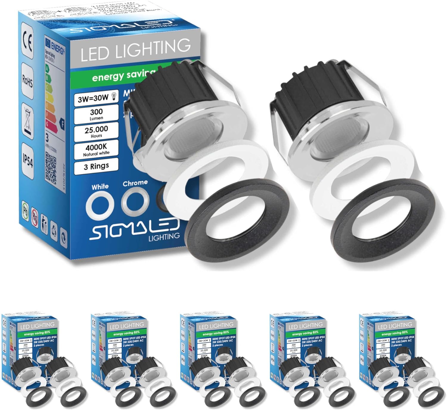 Detalle de Sigmaled Lighting mini oczka LED wpuszczane 3 W, 300 lm, 4000 K, IP54 – 10 szt.