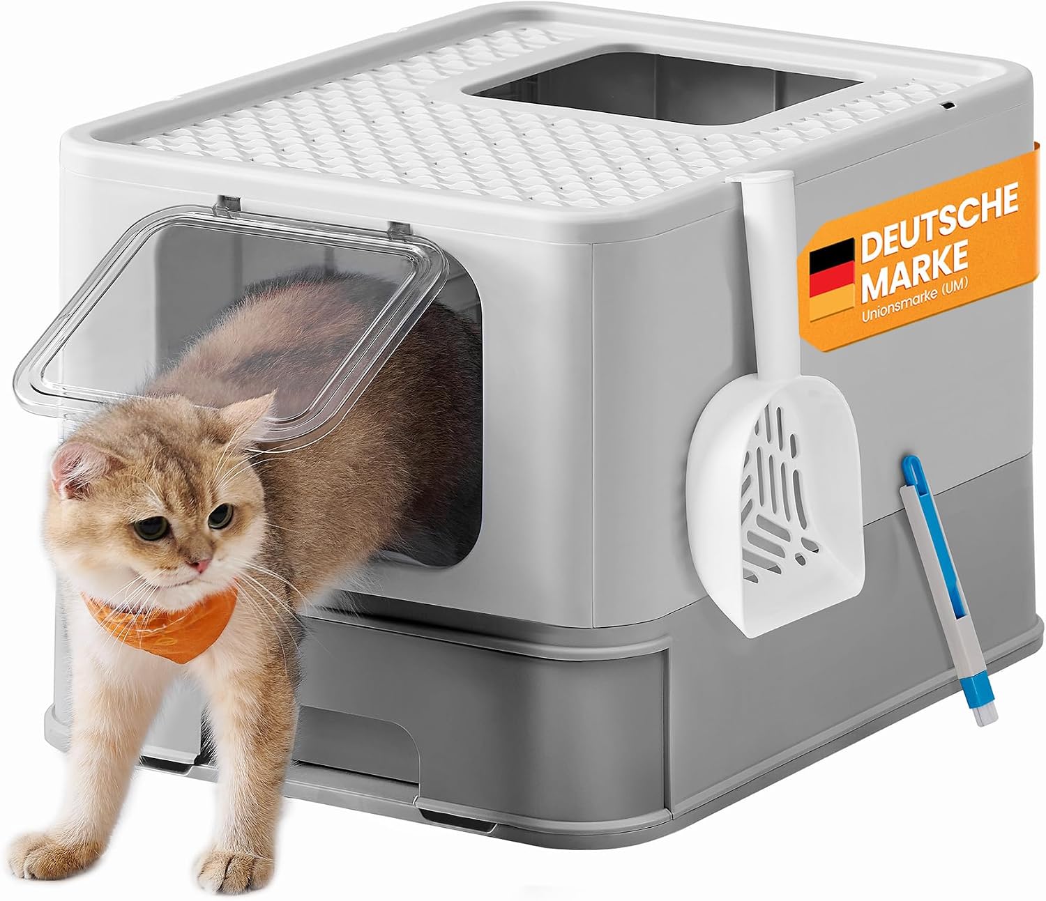 Detalle de Feandrea Katzentoilette mit Deckel, ausziehbares Tablett und Schaufel – ideal für große Katzen bis 15 kg