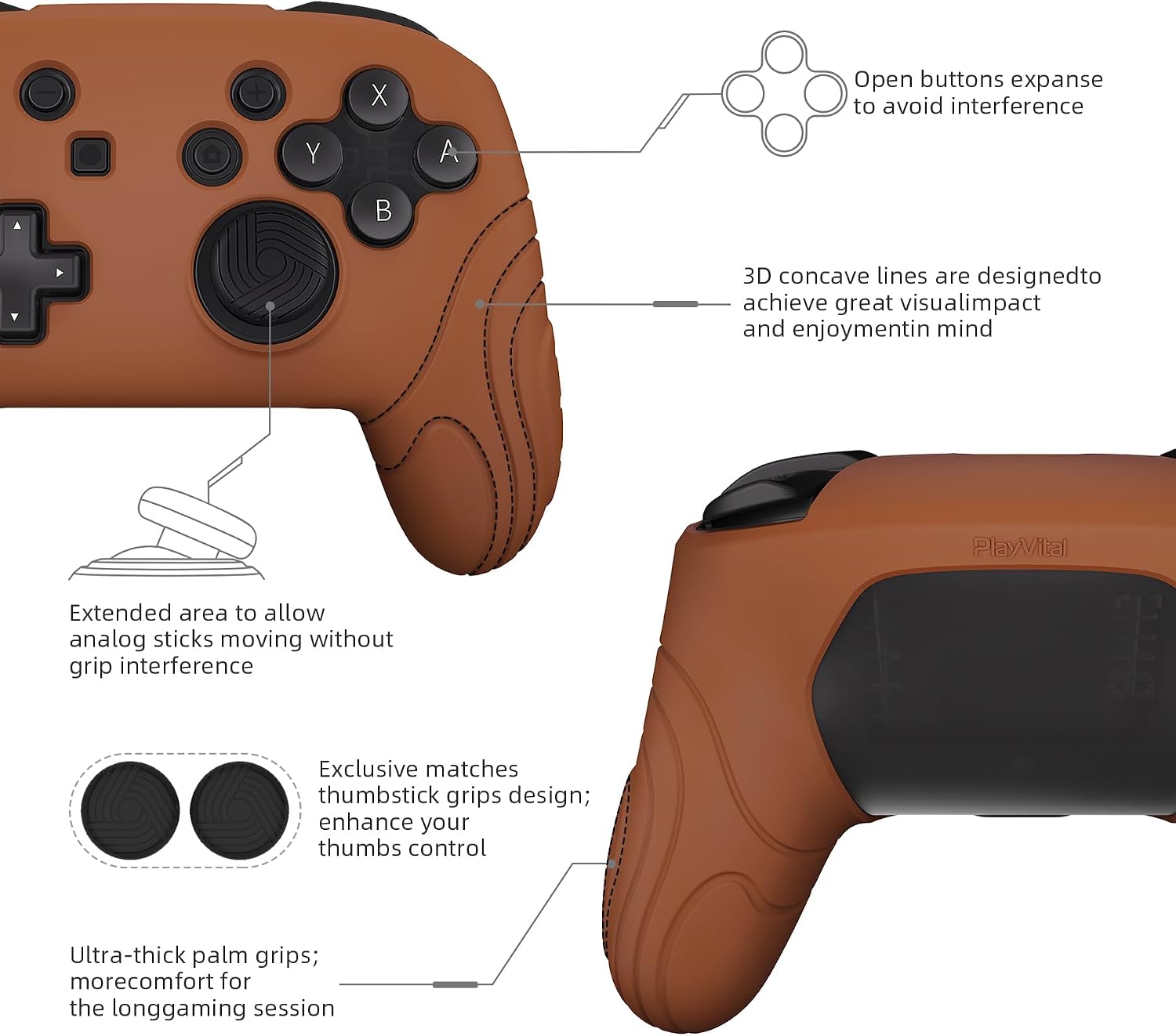 Thumbnail 5 de PlayVital Samurai Edition: Ergonomic Silicone Skin for Nintendo Switch Pro Controller (Signal Brown)