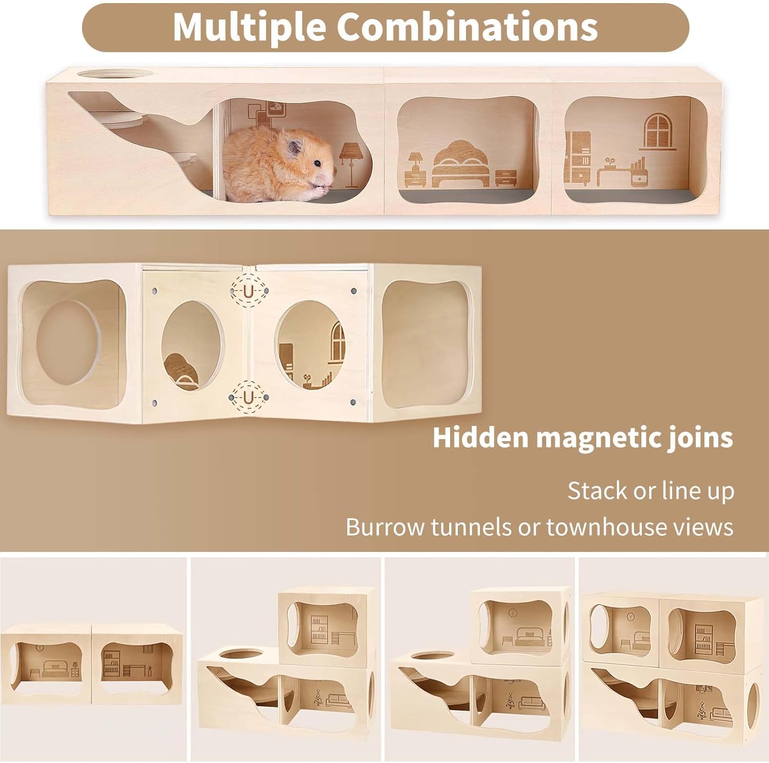 Detalle 2 de Marchul Hamsterversteck aus Holzhaus mit Kammer & Tunnel – modulares Magnet-Spielzeug für Kleintiere (Wohnzimmer)