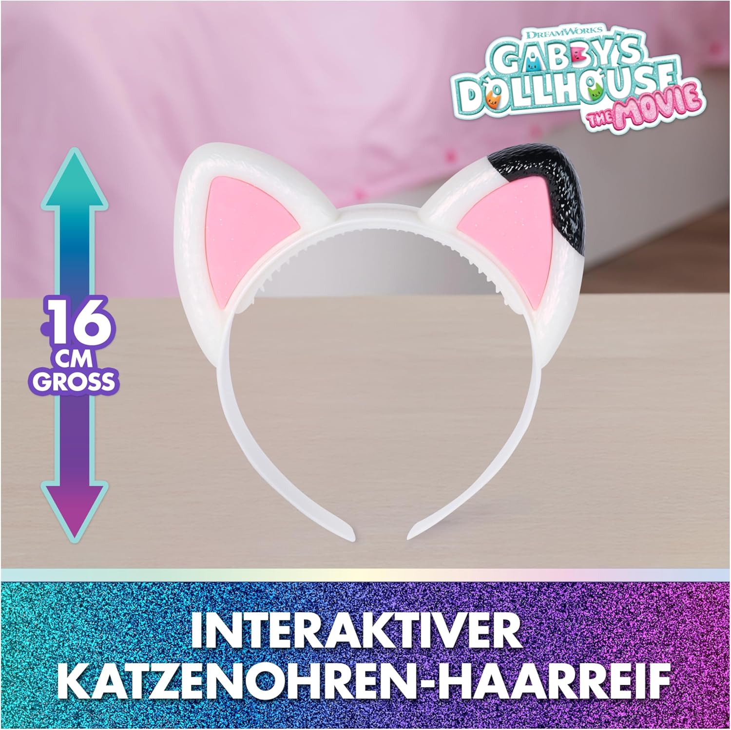 Detalle 2 de DREAMWORKS Gabby’s Dollhouse: Der Film – Interaktiver Katzenohren-Haarreif mit Licht, Sound und 3 Spielmodi