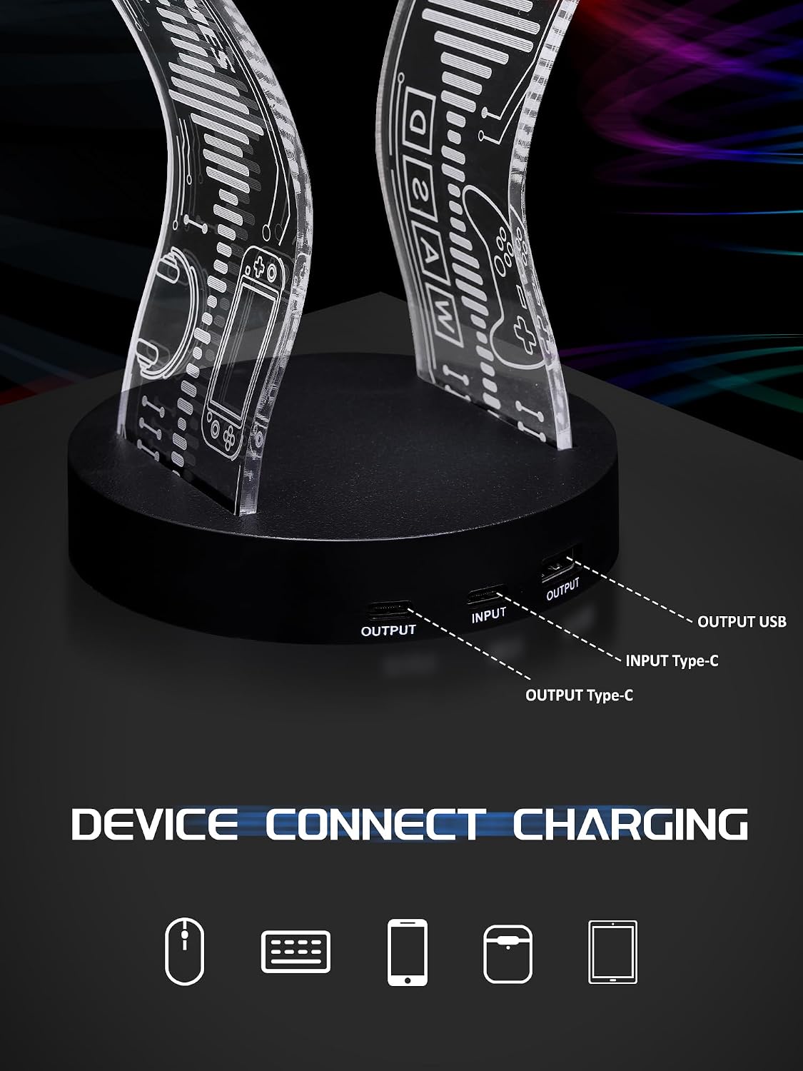 Detalle de CoolGift Mart Leuchtender Kopfhörerständer mit 16 LED-Farben, Gaming-Design und USB-/Typ-C-Anschluss