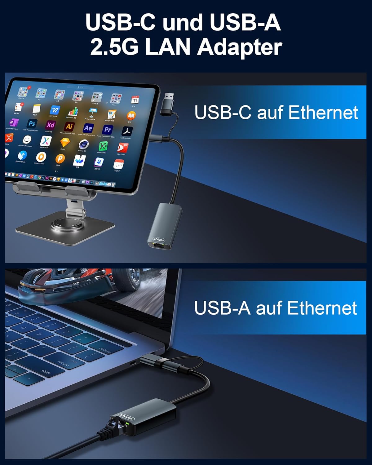 Detalle de USB-C Ethernet Adapter 1000M mit Hub – Gigabit LAN, 3x USB‑3.0 & 1x Type‑C Port (2,5G LAN)