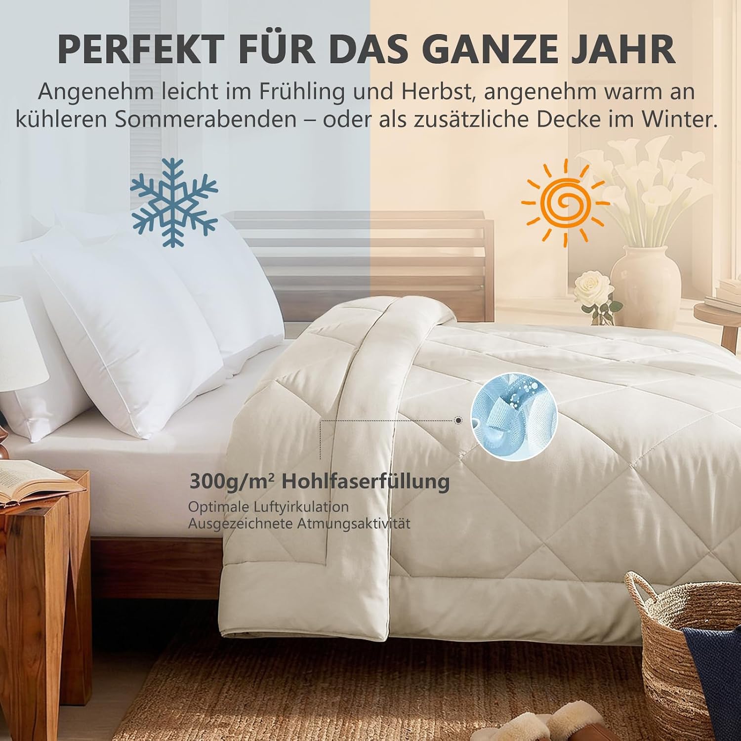 Detalle de CozyLux Bettdecke 135x200 für 4 Jahreszeiten – Mikrofaserfüllung 300 g/m², OEKO-TEX 100, 4 Eckschlaufen, Beige