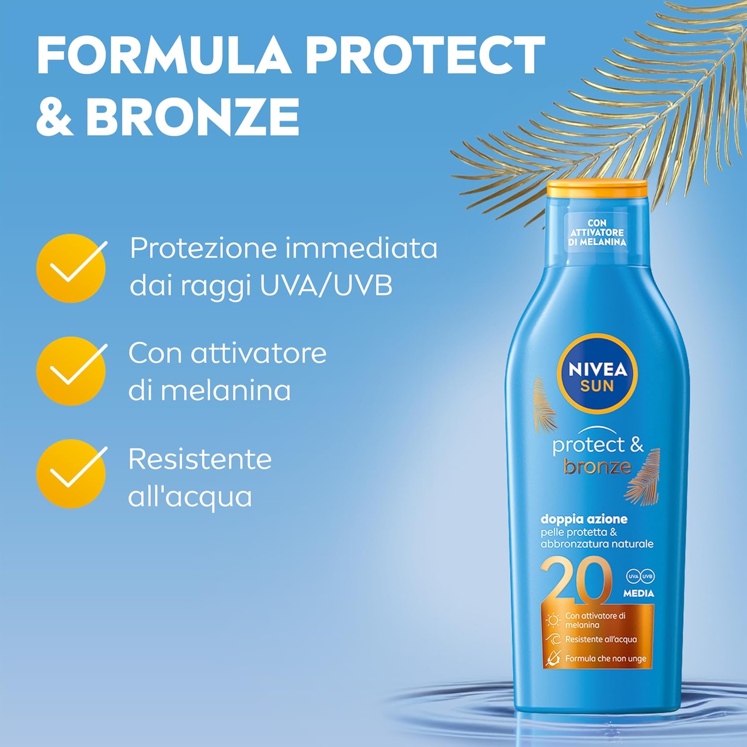 Detalle de NIVEA SUN Latte Solare Protect & Bronze FP20 200 ml — abbronzatura dorata e protetta