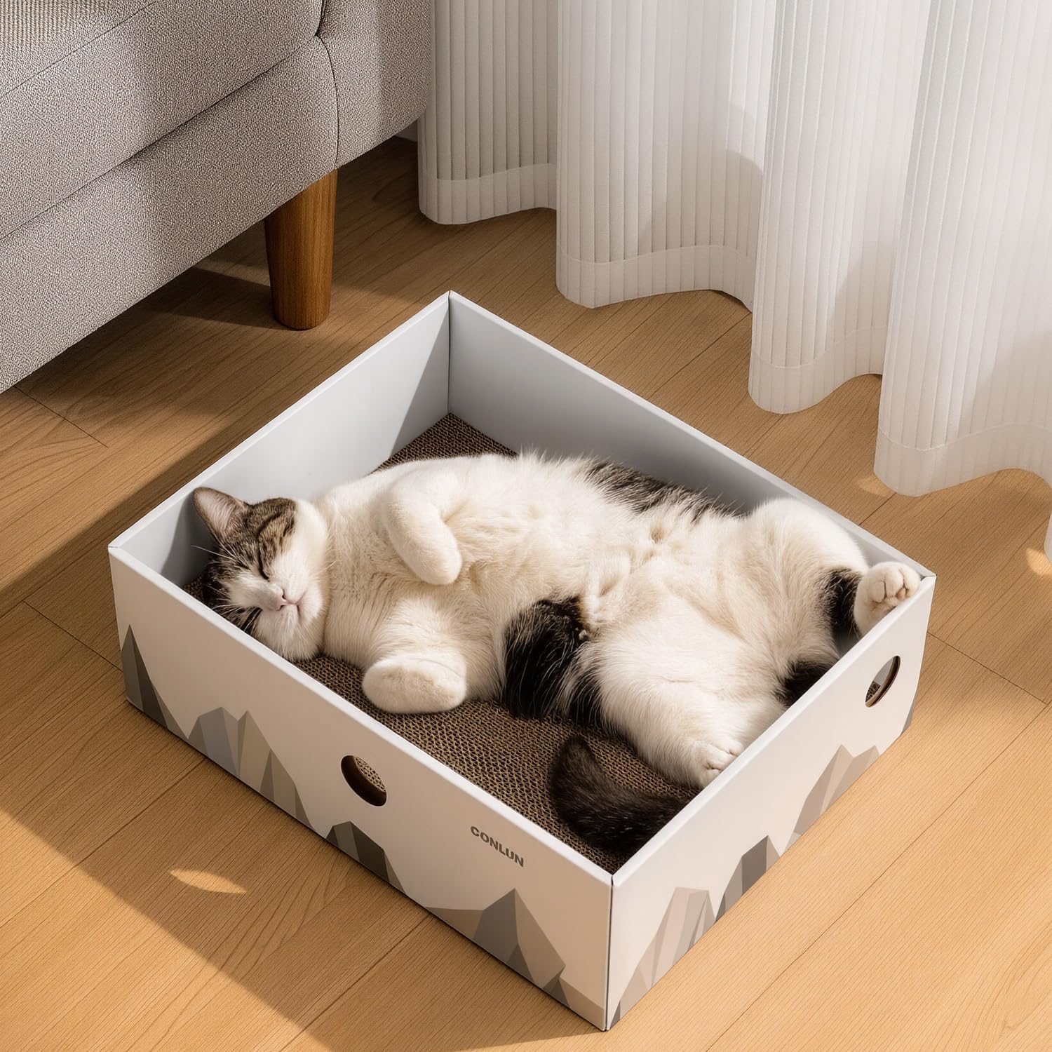 Detalle de Conlun Large Cat Scratching Board with Box: Extra Large, Mess-Free, Cardboard Bed Lounge