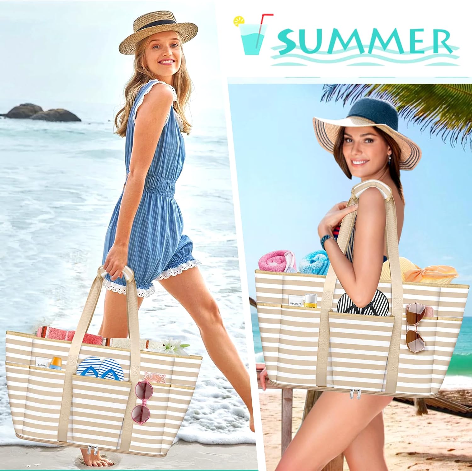 Detalle 2 de JUYANO Extra Large Beach Bag for Women with Zip, Waterproof 45L Tote with Wet Compartment