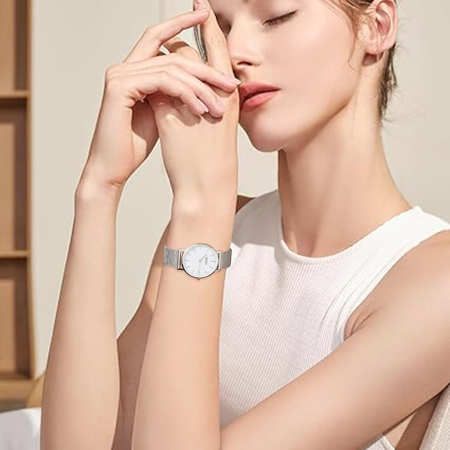 Detalle de BUREI orologio ultra sottile Demen minimalista analogico al quarzo giapponese, bianco e oro con bracciale in maglia d’acciaio inox