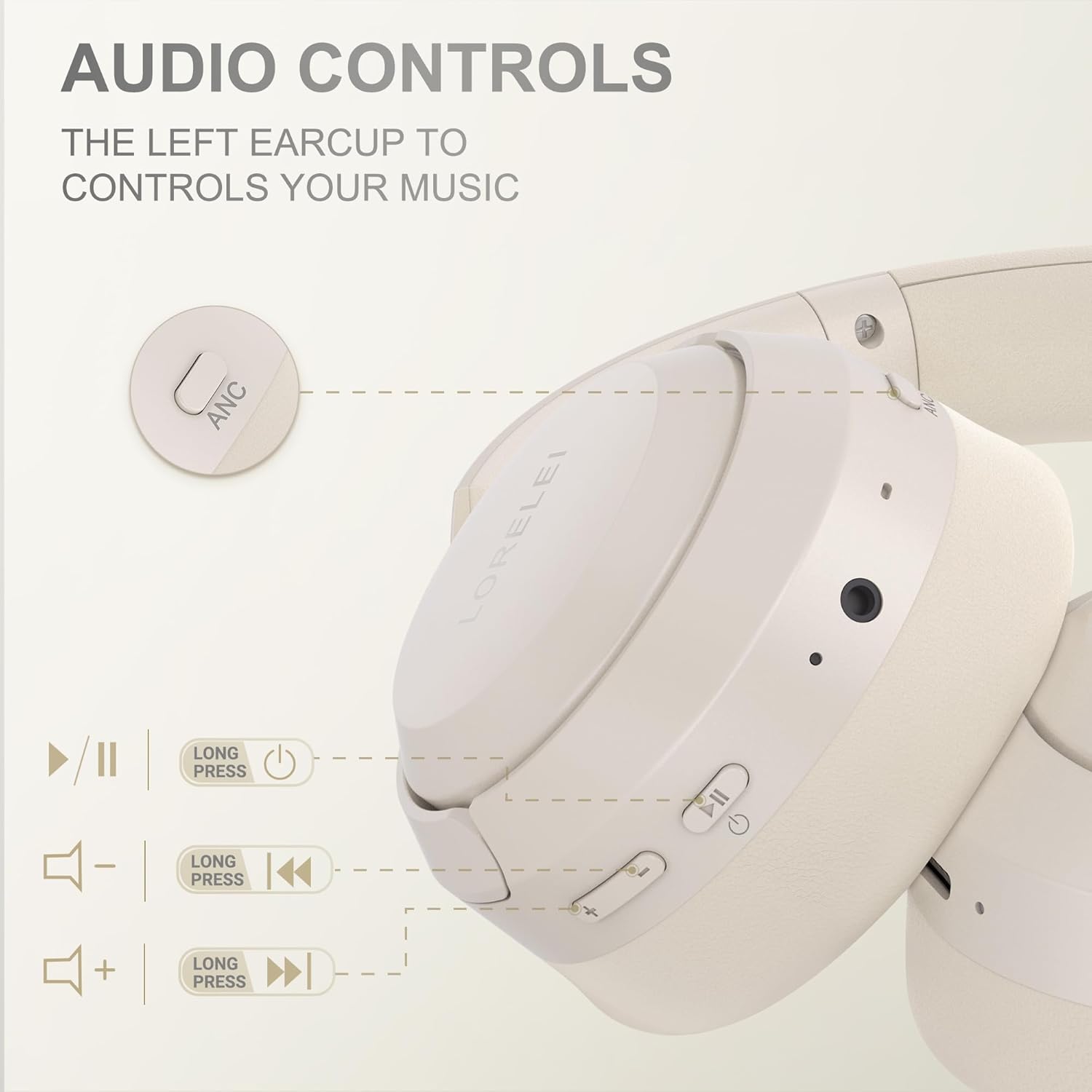 Detalle de LORELEI QC60 Hybrid Active Noise Cancelling Kopfhörer – Kabellos, 60 Stunden Laufzeit, Beige/Weiß