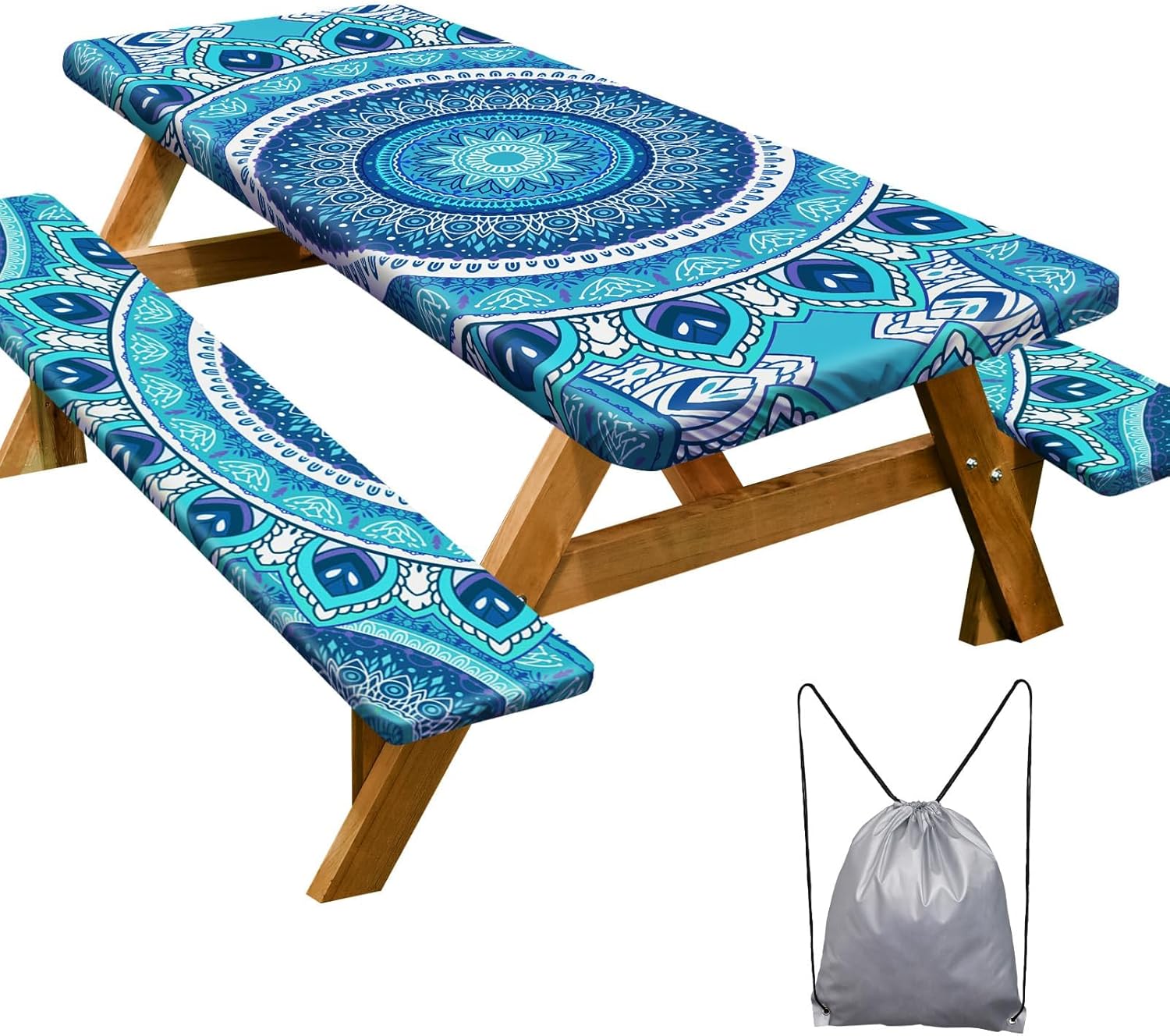 Picnic Table Cover with Bench Covers for 6FT Tables (72in) — Waterproof, Windproof Set with Drawstring Bag, Beige Linen Texture