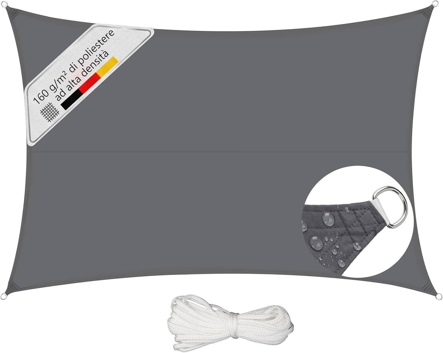Detalle de Sunula Vela Ombreggiante Impermeabile 3x4m – PES 160 g/m², Anelli in Acciaio Inox, Antracite