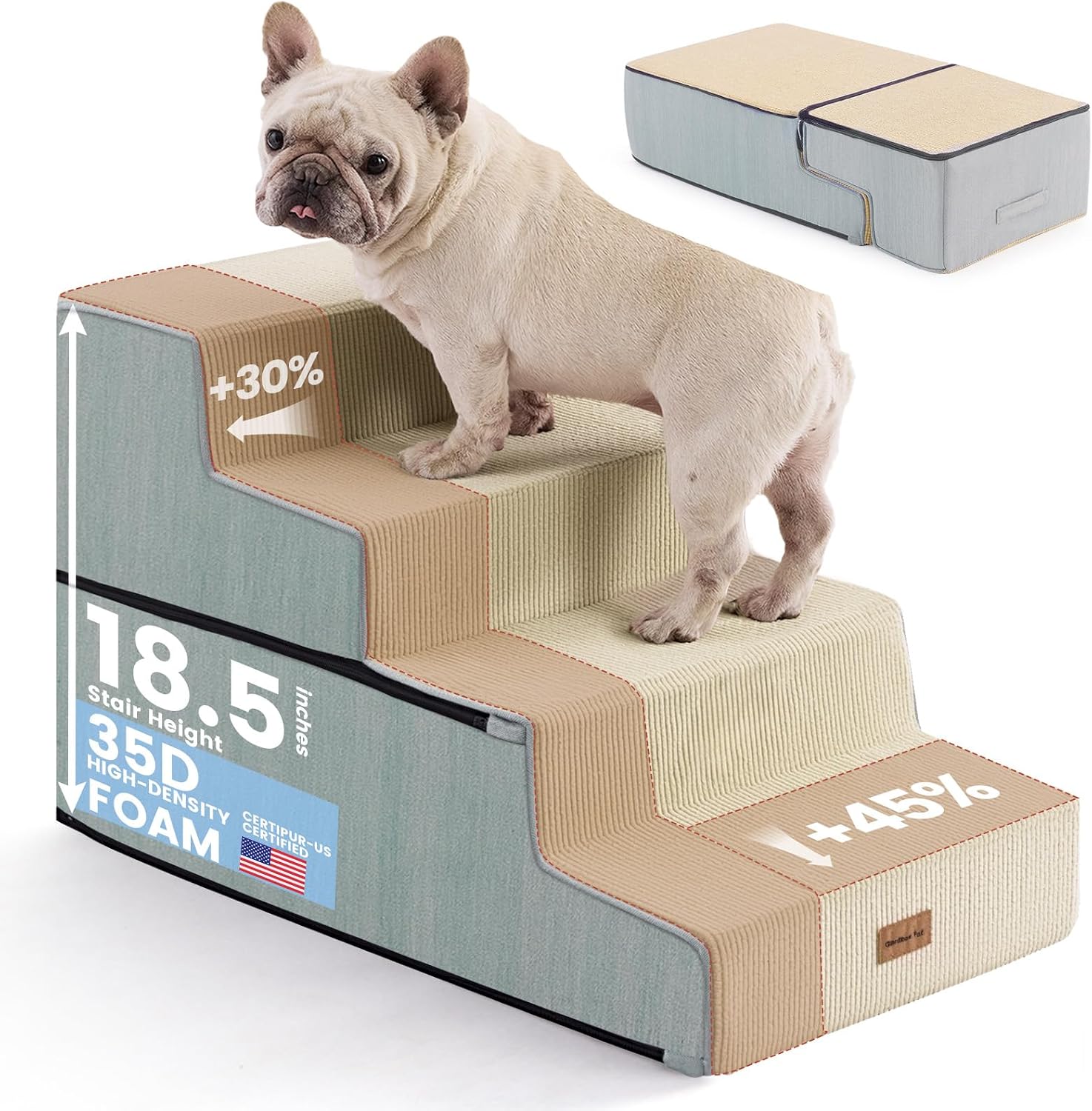 Detalle de Gardner Pet Dog Steps for Bed (47cm H) – 4-Step Extra Wide, Waterproof Ramp with Non-Slip Cover