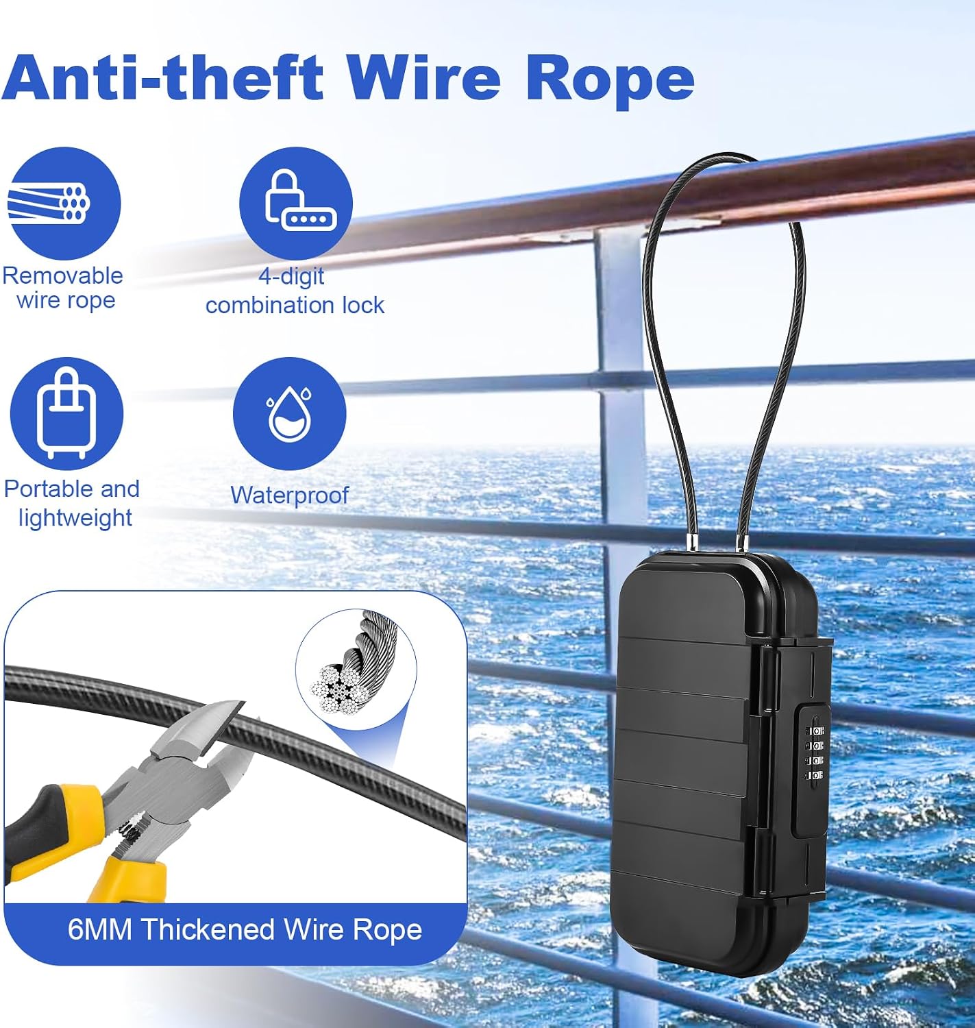 Detalle de Hurinan tragbarer Safe mit Code (4-stellig), wasserdicht & mit abnehmbarem Drahtseil – Reisesicherheitskoffer schwarz