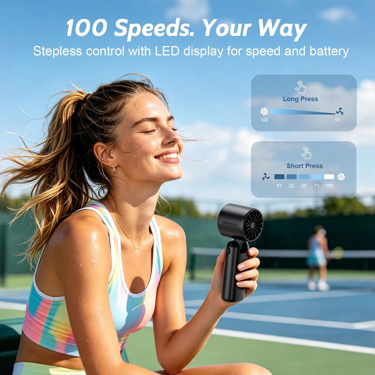 Detalle de 3-in-1 Handheld Fan Portable: 5000mAh Rechargeable Personal Fan with 100-Level Turbo Cooling