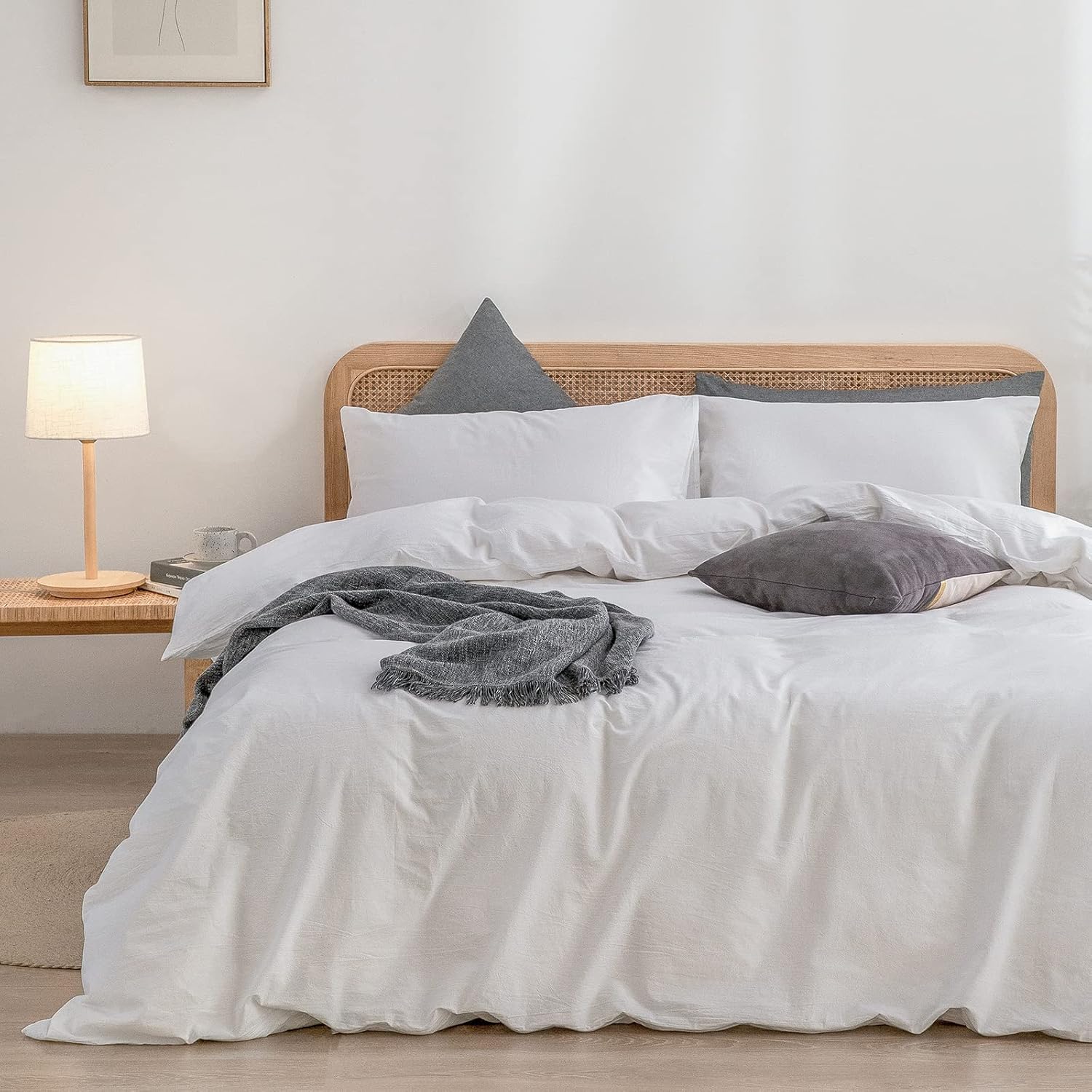 Detalle de BESTOUCH Cotton Solid Duvet Cover Set Linen Feel Bright White, Super King (3 pieces)