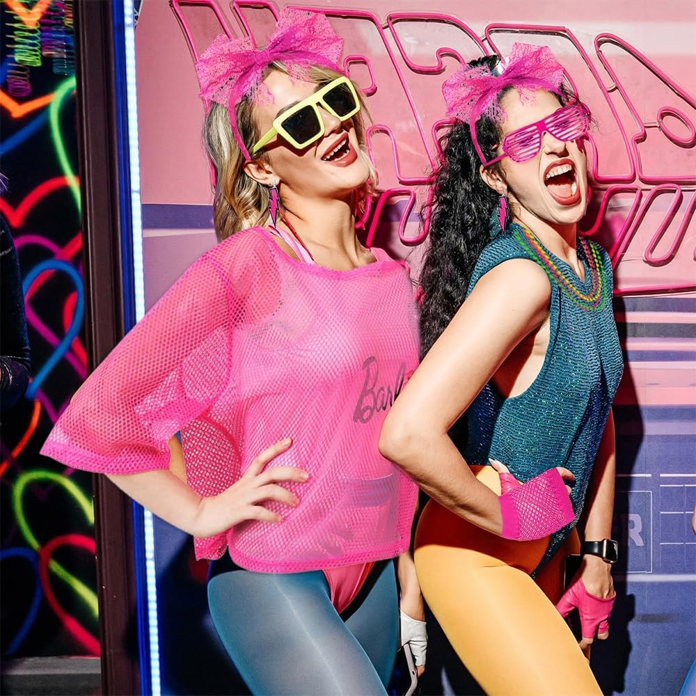 Detalle de mizikuu Neon-80er Damen-Outfit-Set mit Netzshirt, Brille und bunten Accessoires