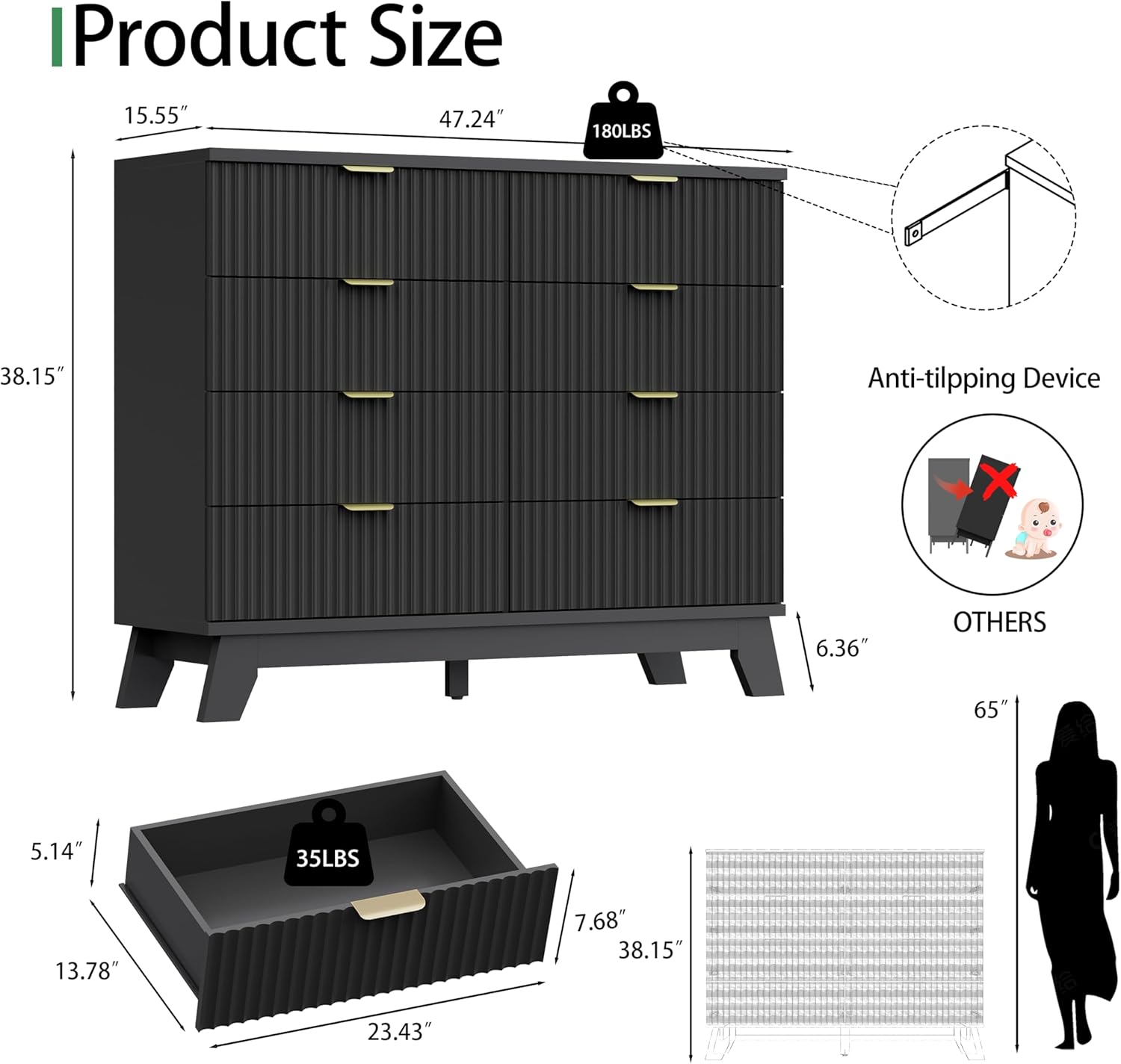 Detalle 2 de Xixini HLG049-BK 8-Drawer Fluted Dresser, Black, 47.2-Inch Wide