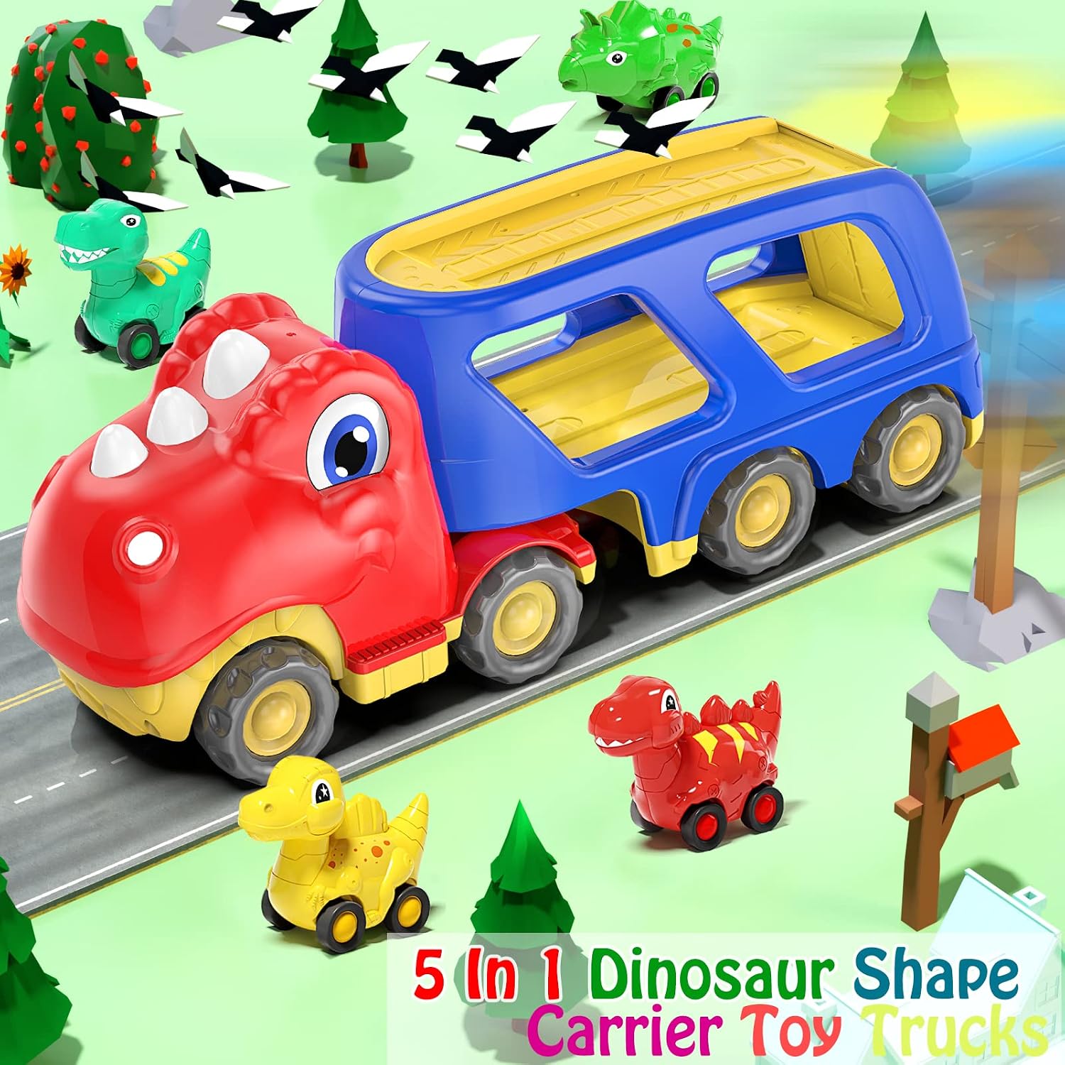 Detalle de Veslier Dinosaur Transport Truck Toy with 4 Pull-Back Cars, Lights and Sounds