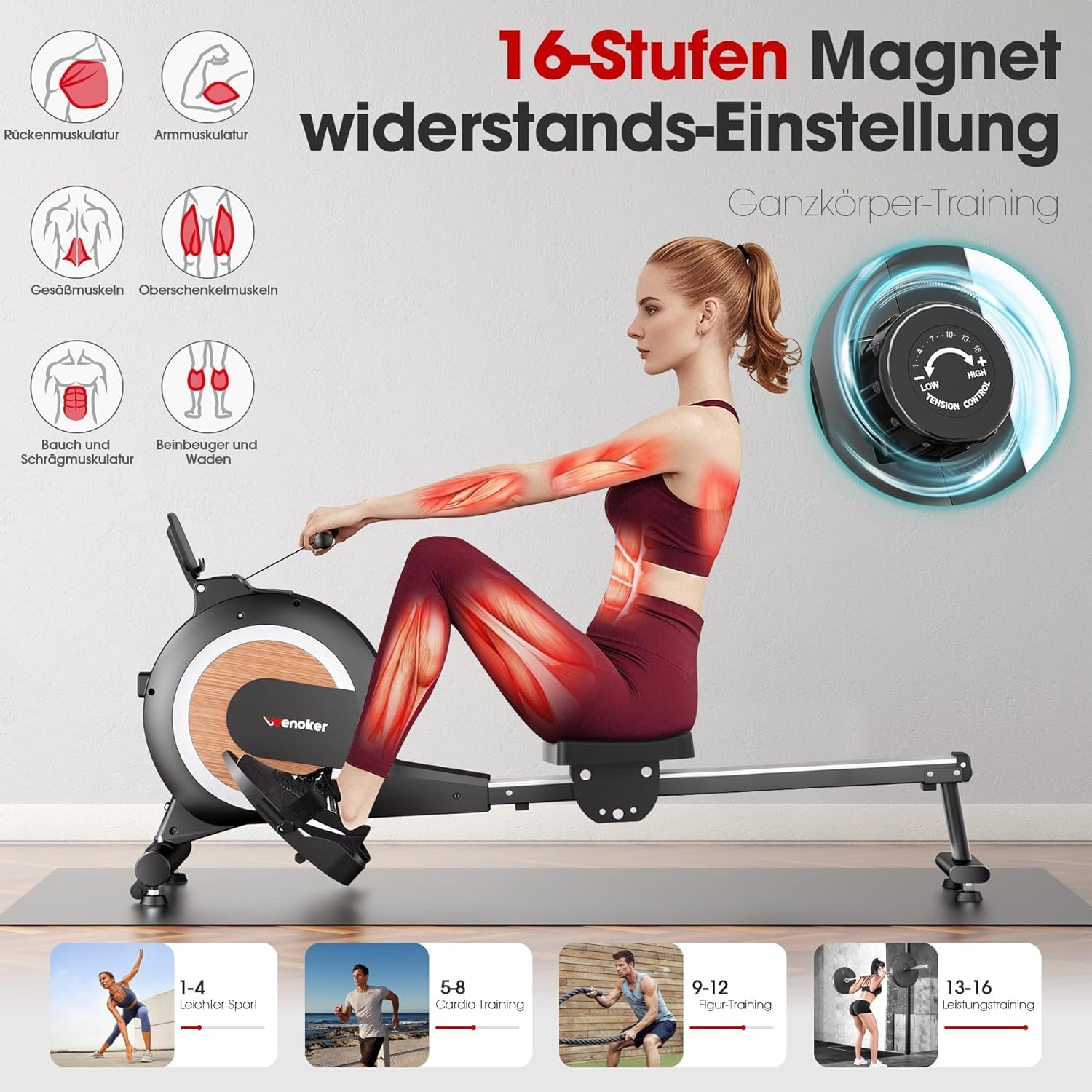 Thumbnail 4 de Wenoker Magnet-Rudergerät für Zuhause (16/32 Stufen), mit Bluetooth & App-Steuerung
