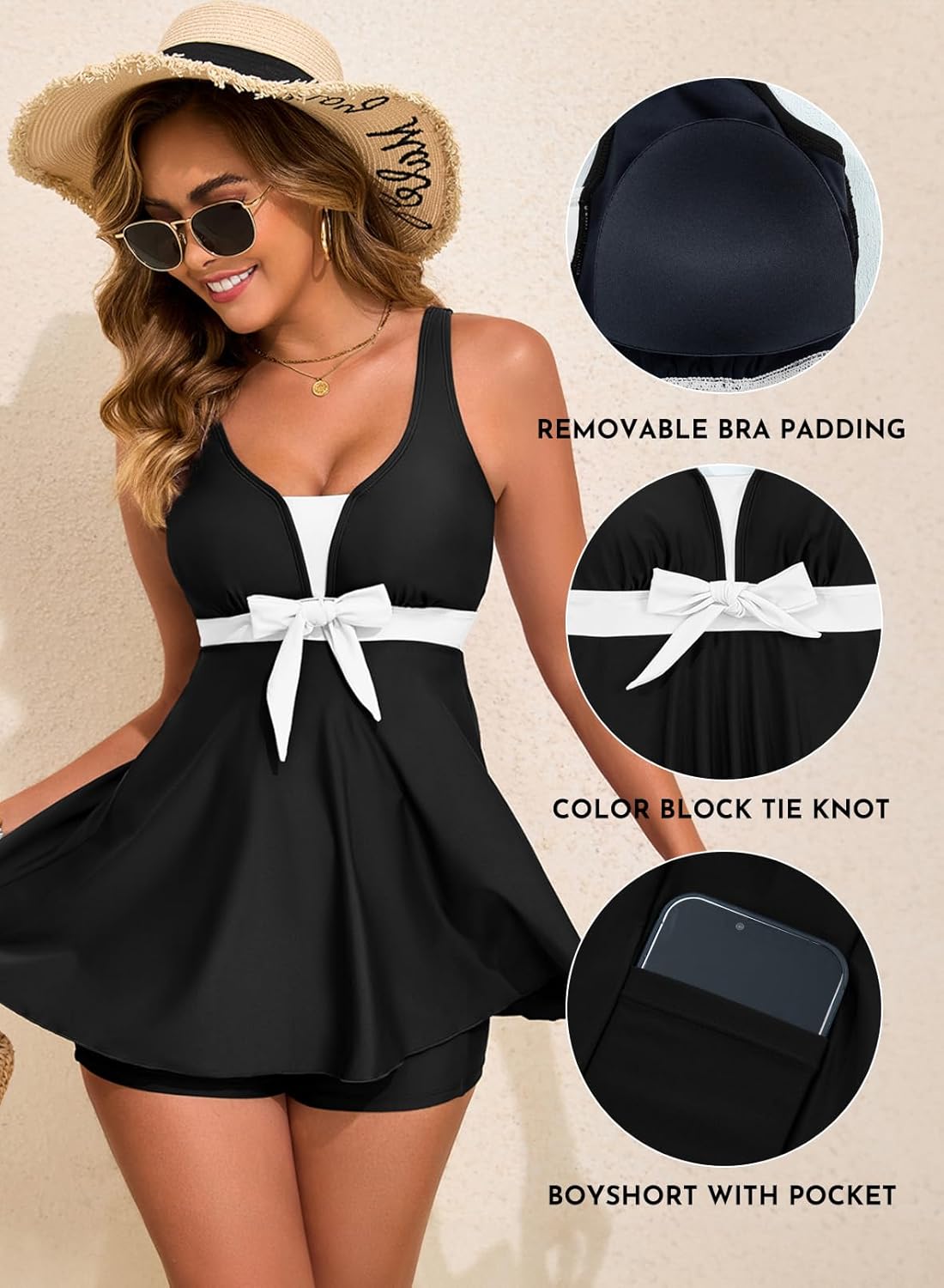 Thumbnail 3 de Aleumdr Printed Two-Piece Tankini Swimsuit with Tummy Control Swim Dress, High-Waisted Boyshorts & Pockets