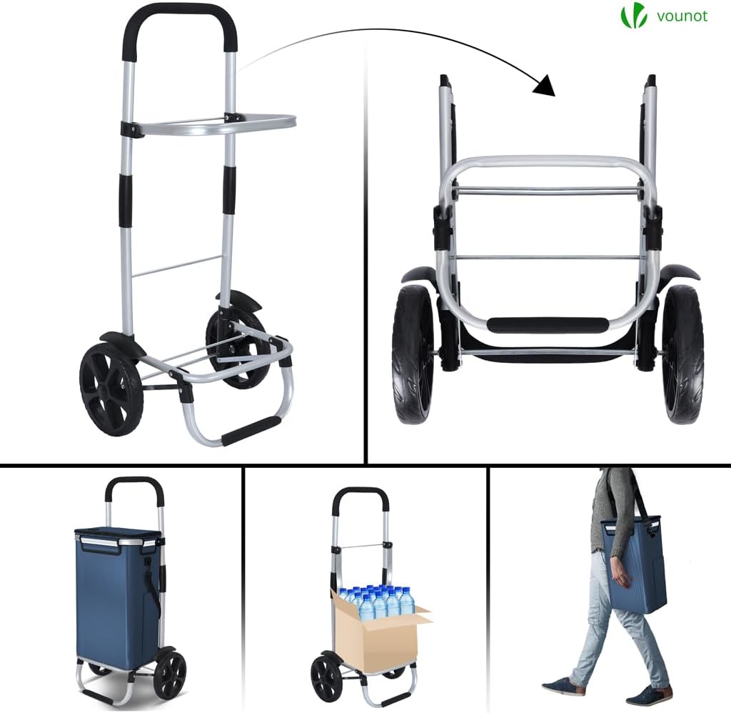 Detalle de VOUNOT Einkaufstrolley Klappbar aus Aluminium – 58L, wasserdichte Tasche mit Kühlfach, Treppensteiger, Marineblau