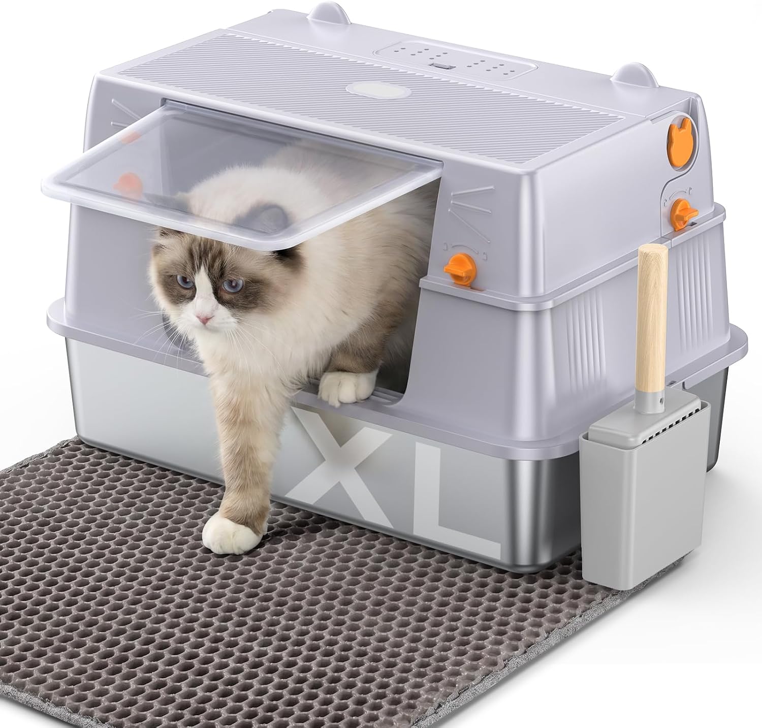 Detalle de PKBD XL Stainless Steel Cat Litter Tray: Large, Fully Enclosed 3-in-1 Litter Box