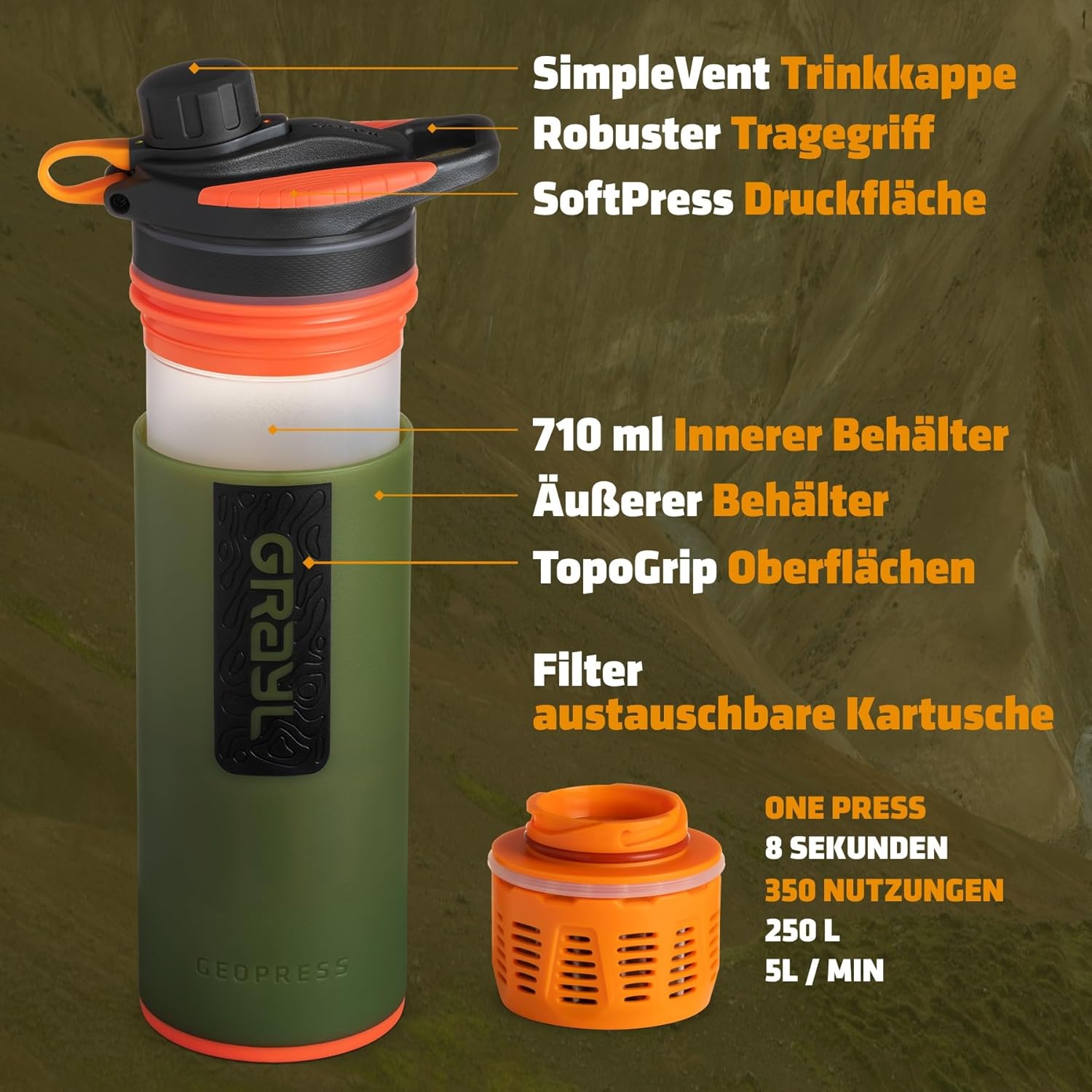 Thumbnail 1 de GRAYL GeoPress 710 ml Outdoor-Wasserfilter (Oasis Green) – Trinkwasser auf Knopfdruck für Camping & Reisen