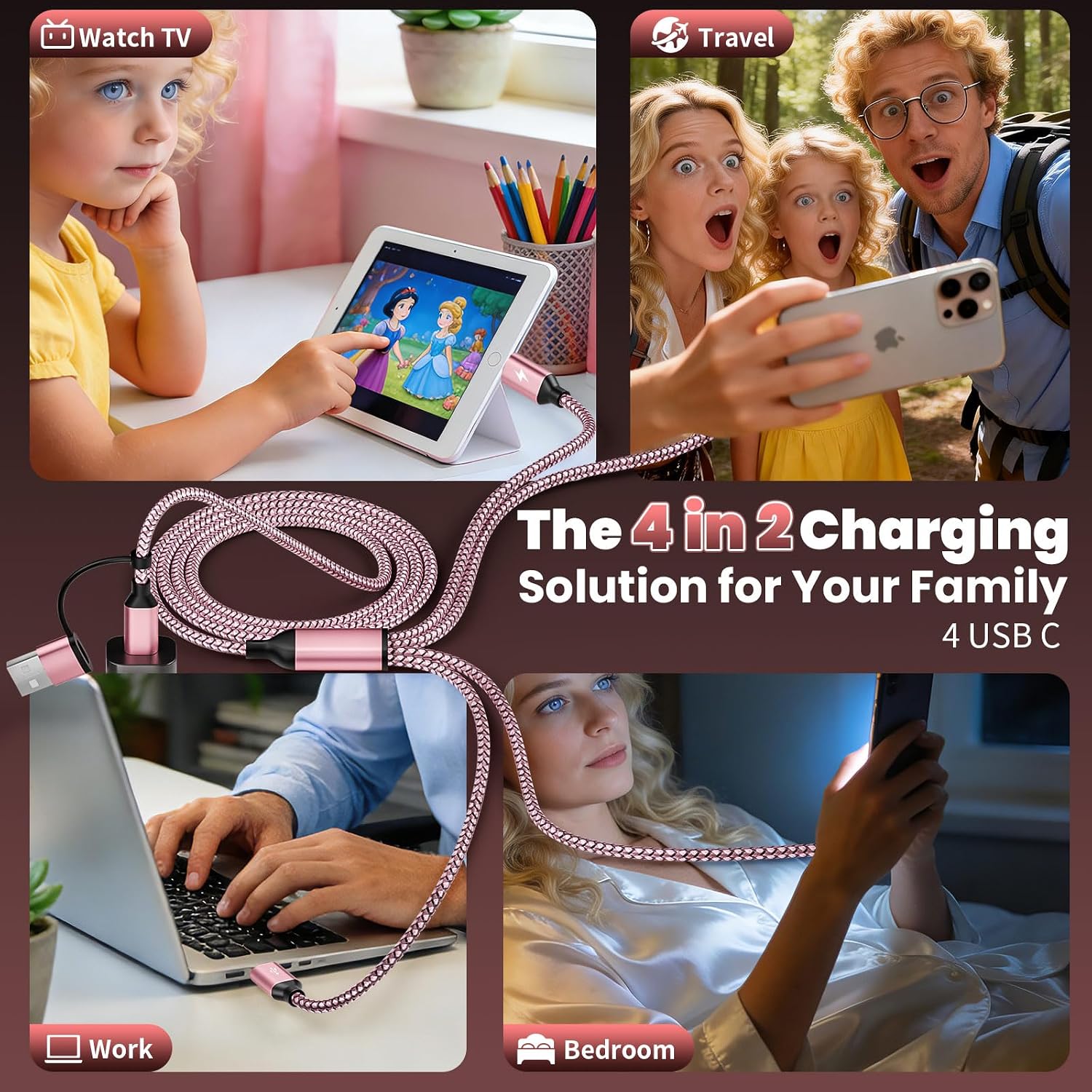 Thumbnail 6 de Travel & Car USB C Cable: 4 USB-C Ports in One 5ft Multi-Charging Cable
