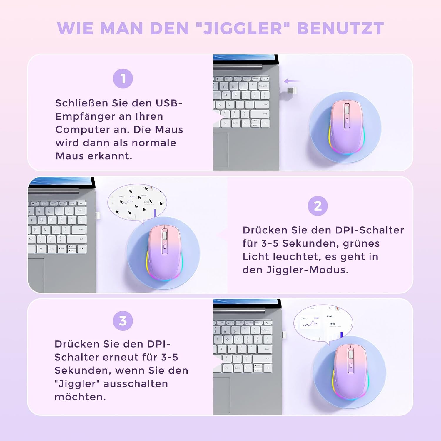 Thumbnail 4 de seenda Kabellose Maus mit Jiggler, wiederaufladbare 2.4G Funkmaus mit LED-Beleuchtung – 2.000 DPI (Rosa&Lila)