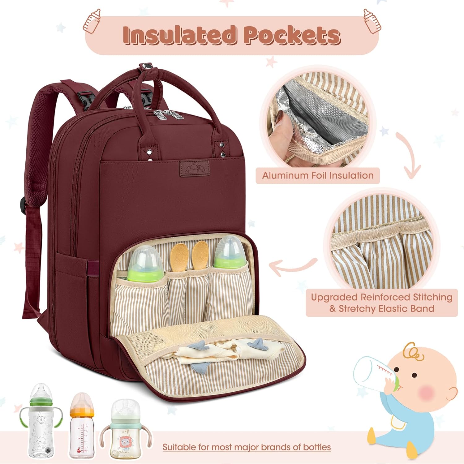 Detalle de Red Baby Changing Bag Backpack with Portable Changing Mat & Waterproof Nappy Laundry Bag