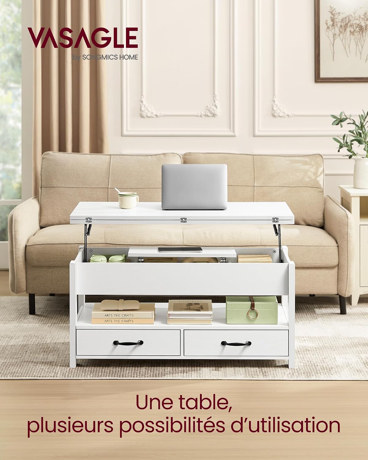 Detalle 2 de VASAGLE LCT254W02 table basse relevable 45min 🛋