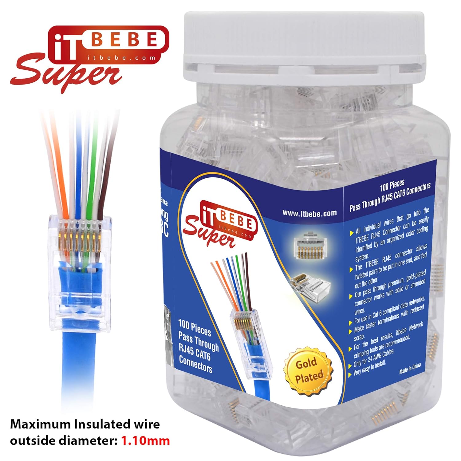 Thumbnail 2 de ITBEBE 100-Pack Cat 6 Pass Through RJ45 Connectors (8P8C) for Solid or Stranded UTP Ethernet Cable
