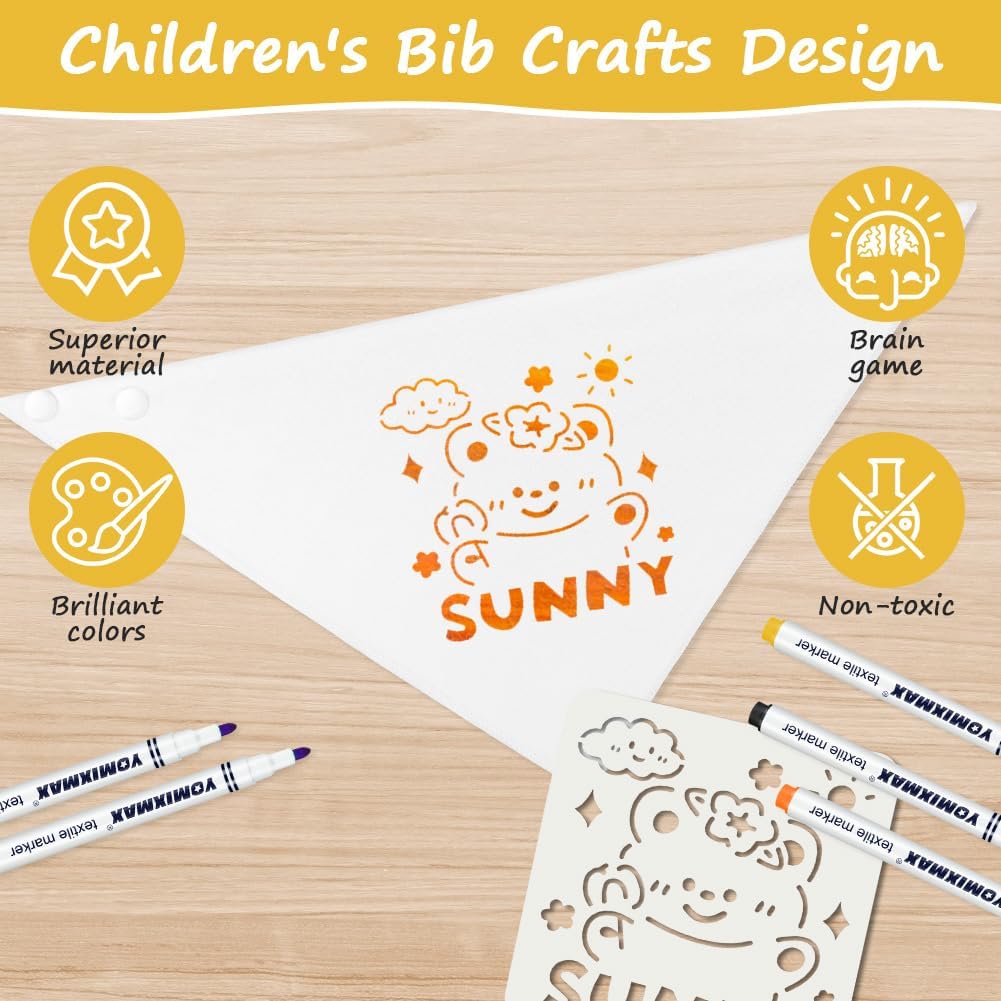 Detalle de Aolso Baby Bibs for Painting – 8 White Cotton Bibs with Pens & Templates (40 x 29 cm), Waterproof, Great for Messy Mealtimes and Creative Moments