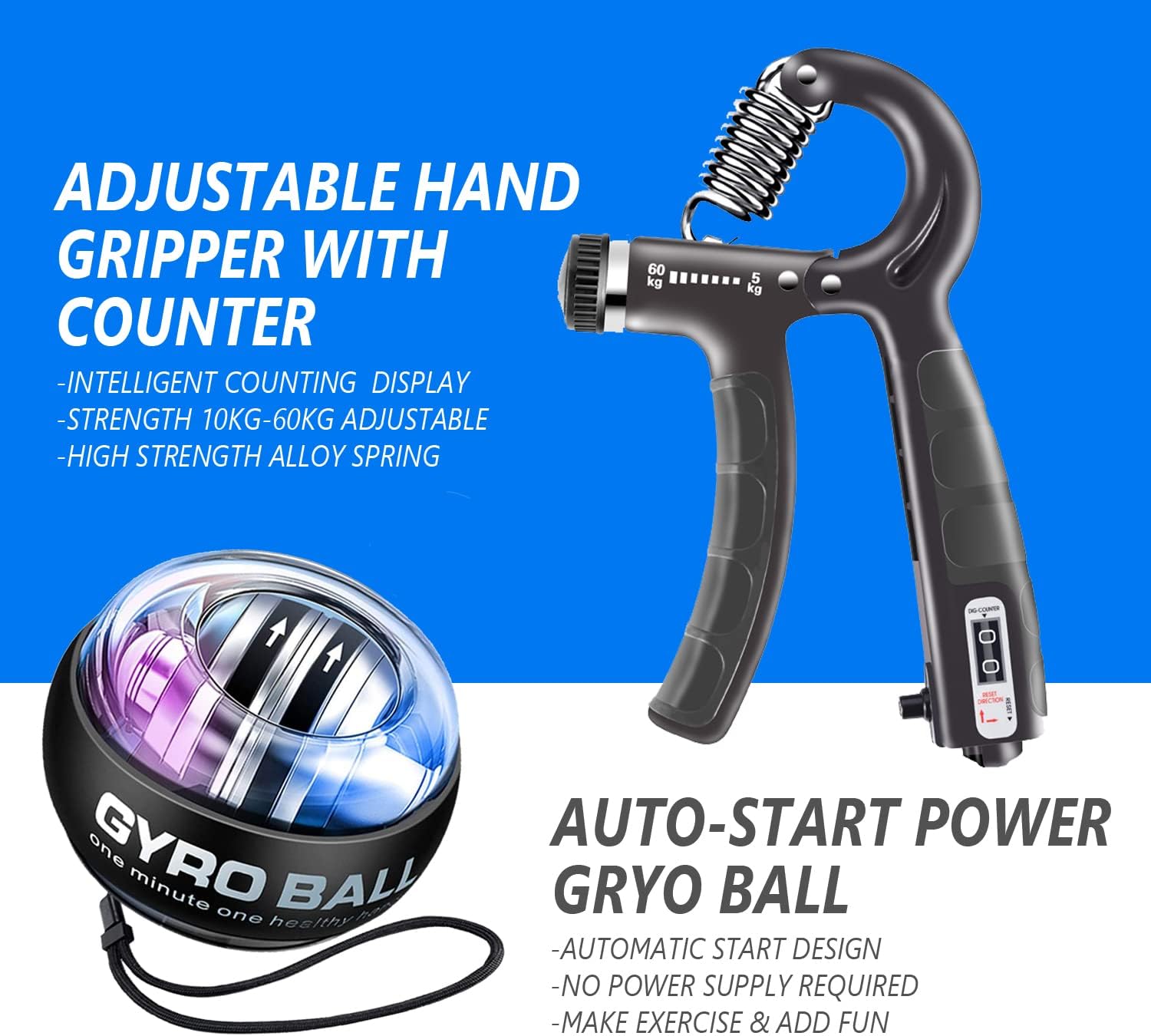 Detalle de MUMUWIND handtrainingsset met griptrainer, teller en gyroscopische bal
