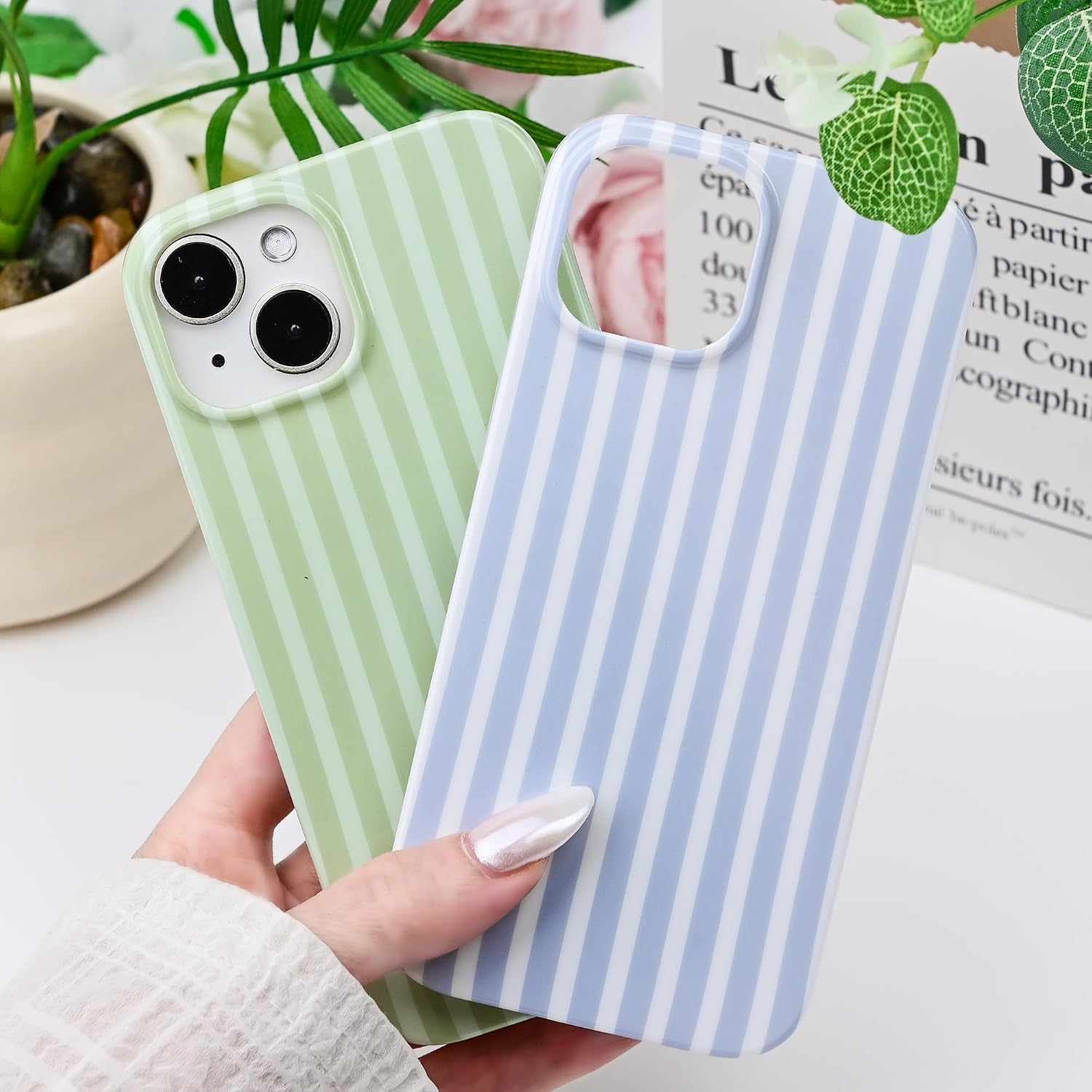Detalle de SleekCover for iPhone 15 6.1" – Cute Striped Pattern TPU Case (Pink/Yellow)
