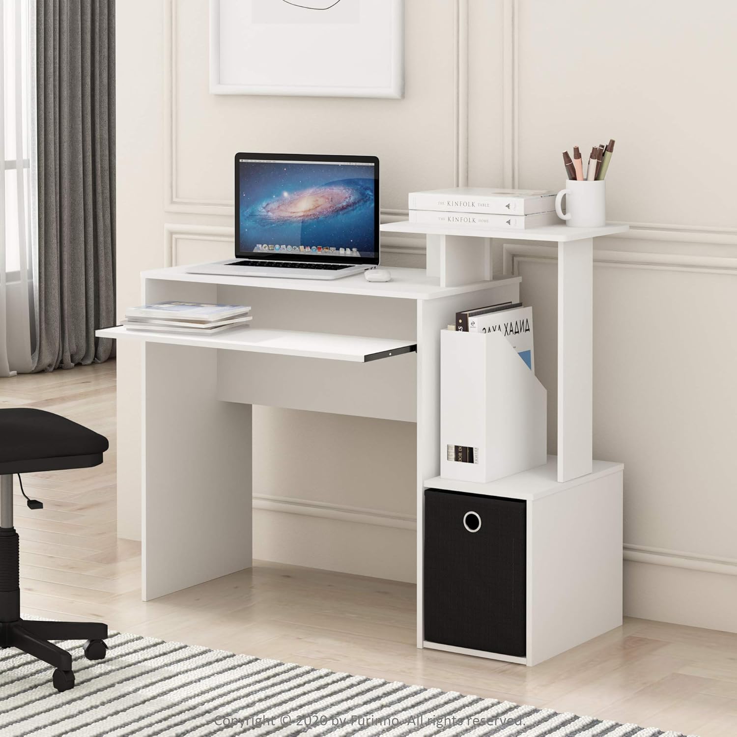 Thumbnail 1 de Furinno Econ multipurpose home office desk with keyboard tray and bin (White/Black)