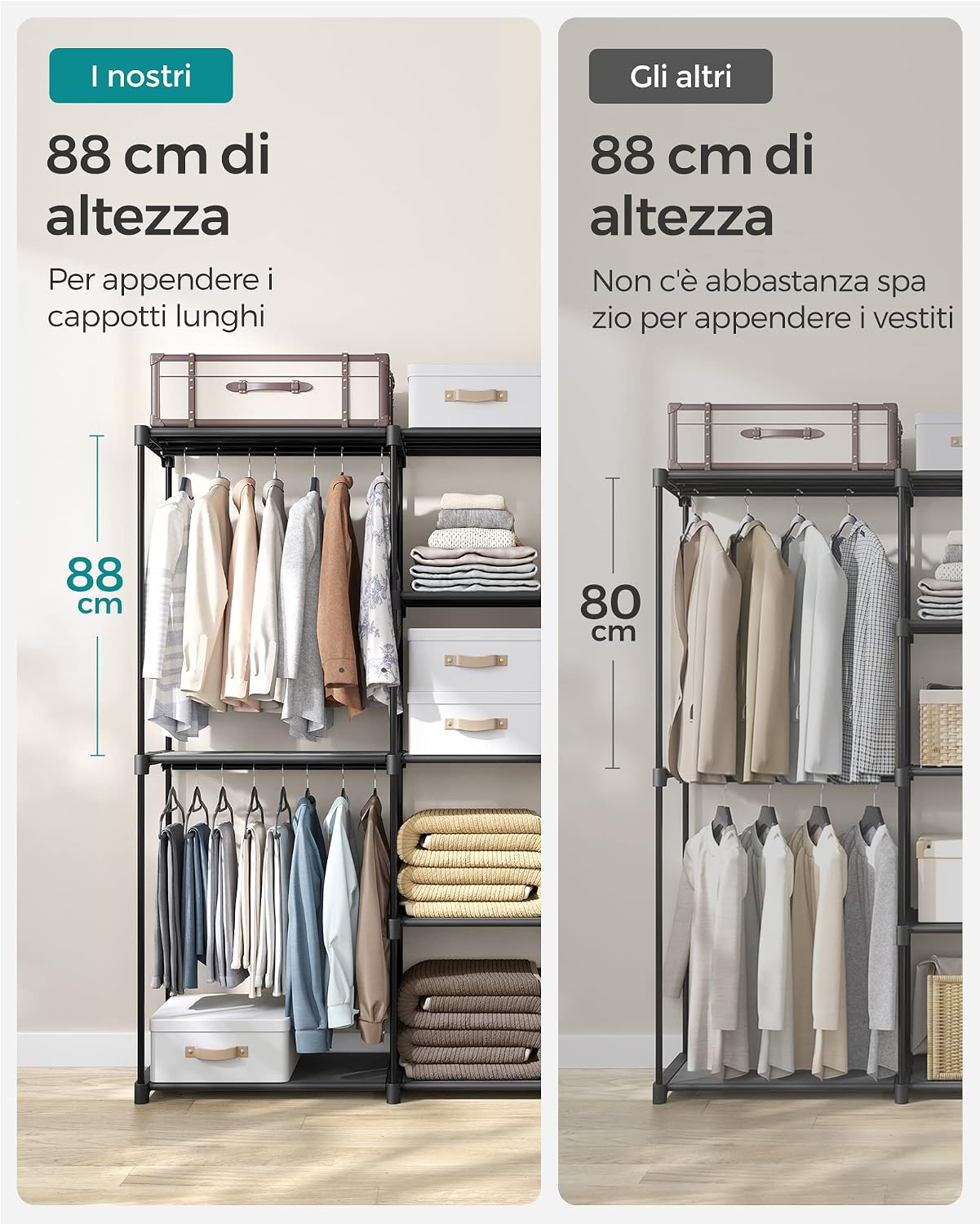 Detalle de SONGMICS Armadio autoportante con barre appendiabiti e ripiani in tessuto, 182 x 43 x 182 cm, Nero Inchiostro (RYG037B02)