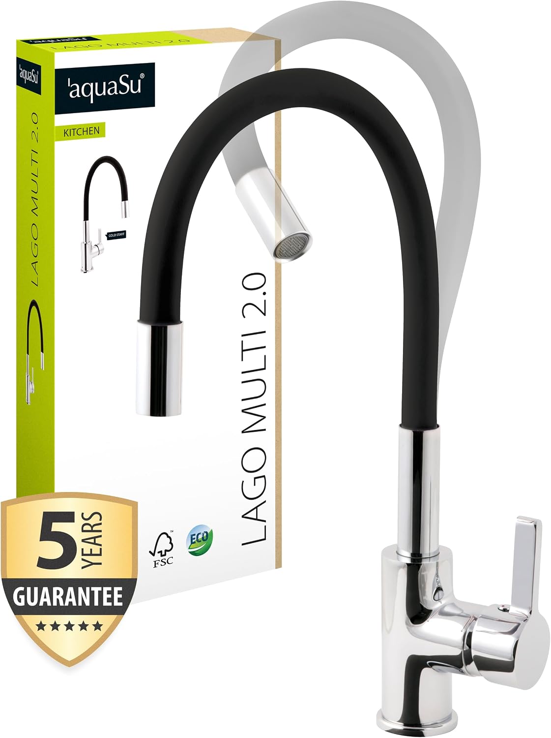 Detalle de aquaSu® Lago Multi 2.0 – bateria kuchenna chromowo-czarna z elastyczną wylewką