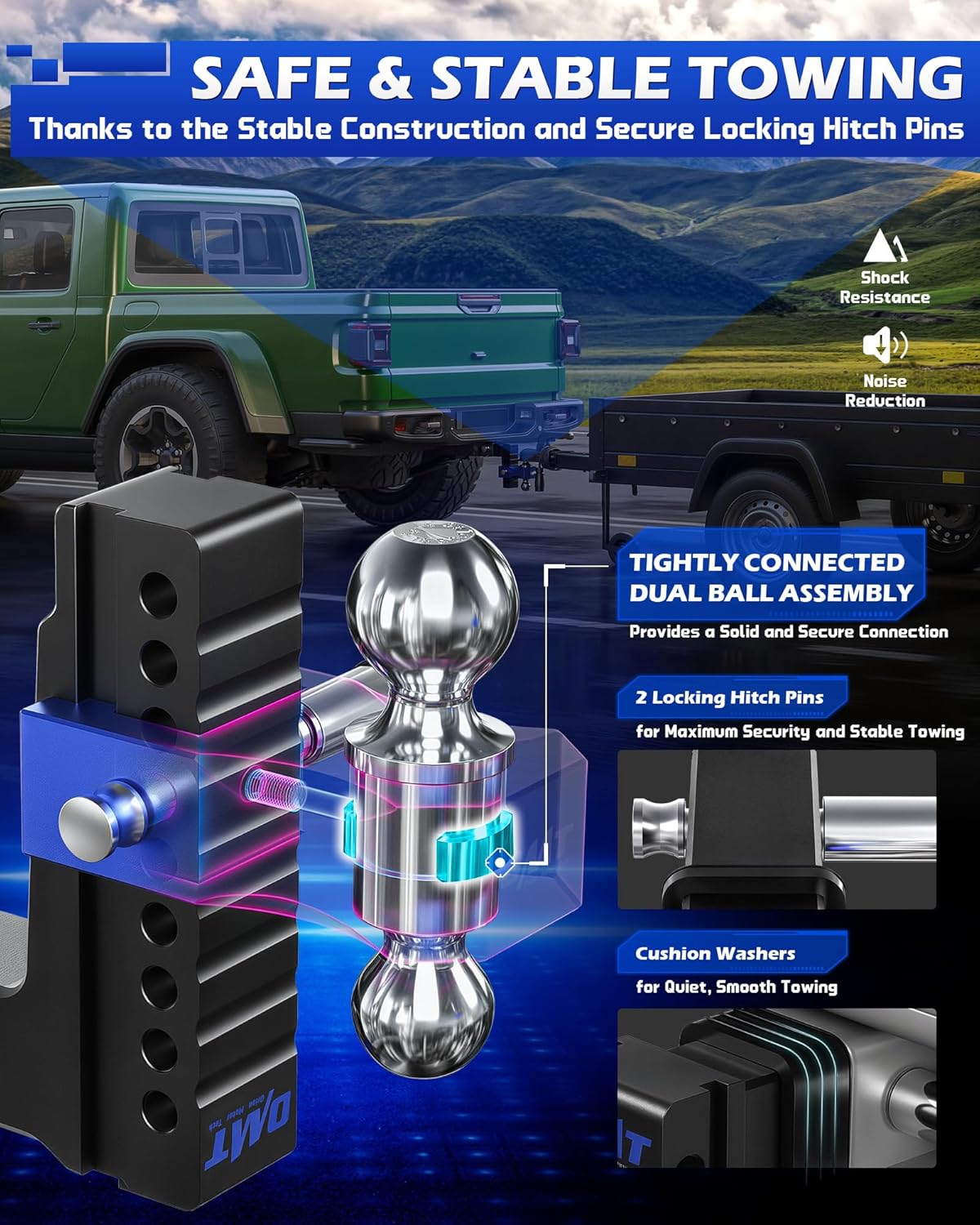 Thumbnail 3 de Orion Motor Tech Adjustable Trailer Hitch (2.5 in receiver, 8 in drop/rise) Class 5 Tow Hitch Ball Mount
