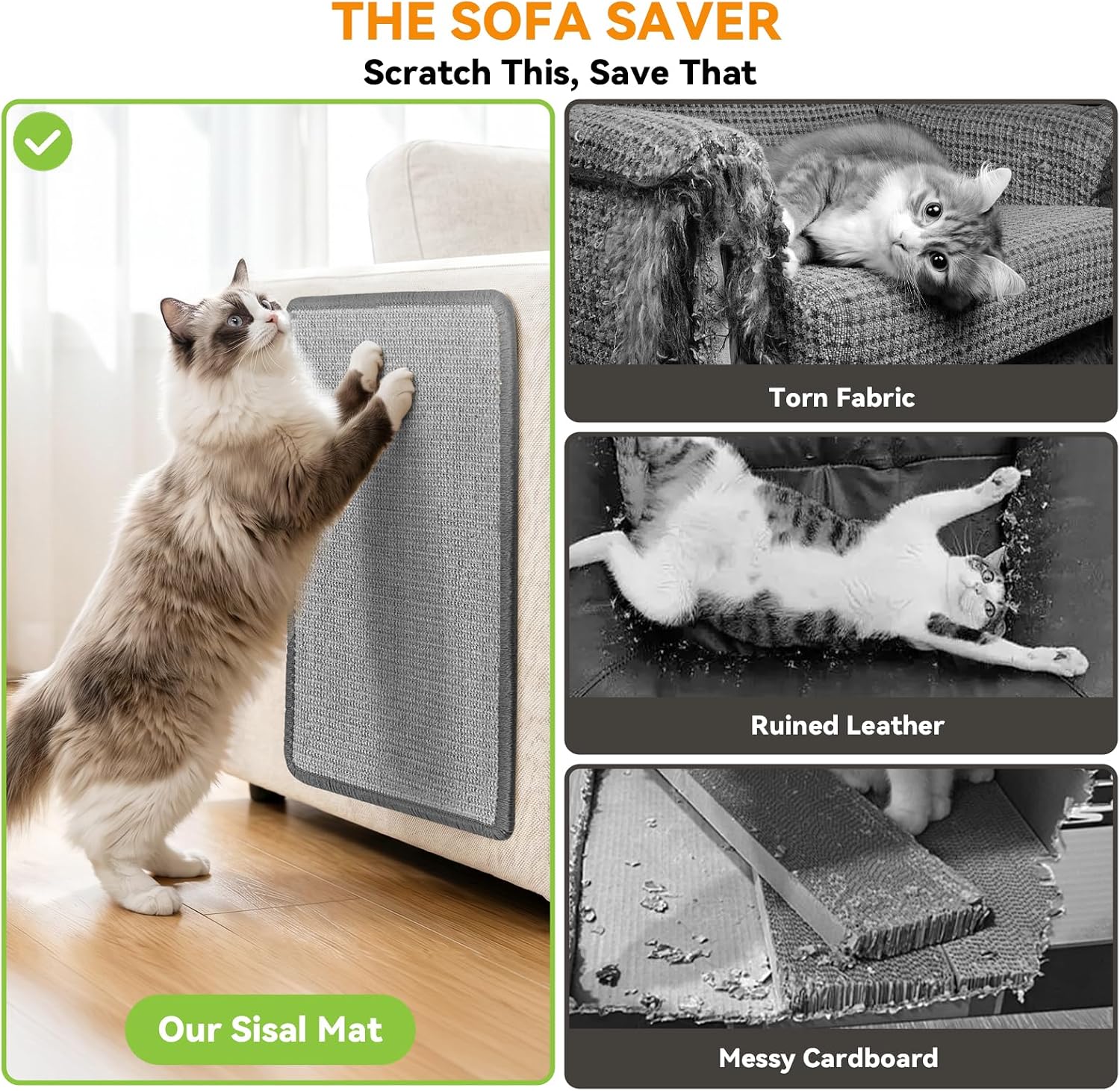 Detalle de Gimars 60 x 40 cm Cat Scratching Mat: Natural Sisal, Non-Slip Wall & Couch Protector (Grey)