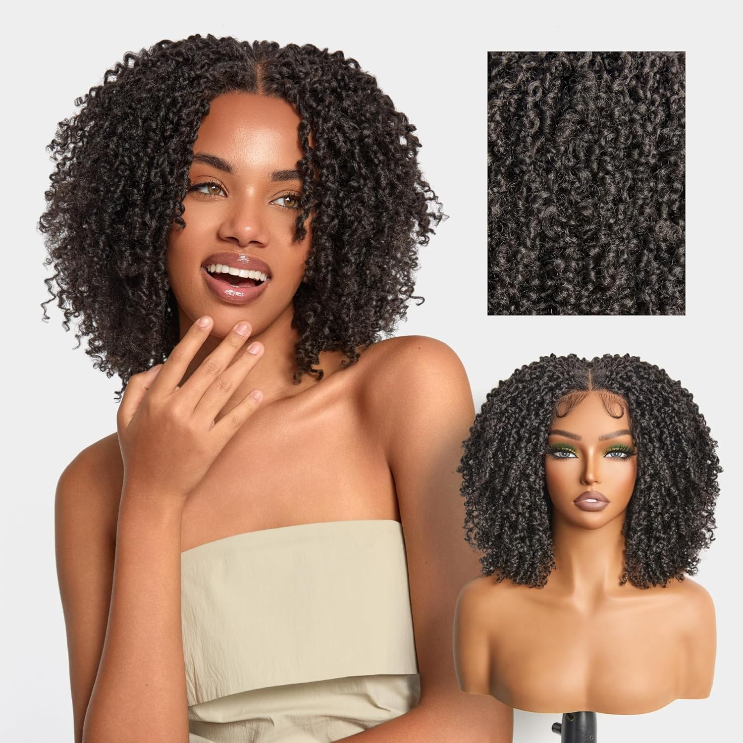 Detalle 2 de Frodio Veralux Fiber 10'' Synthetic HD Lace Wig – Micro Twist Curly, Glueless with Bangs