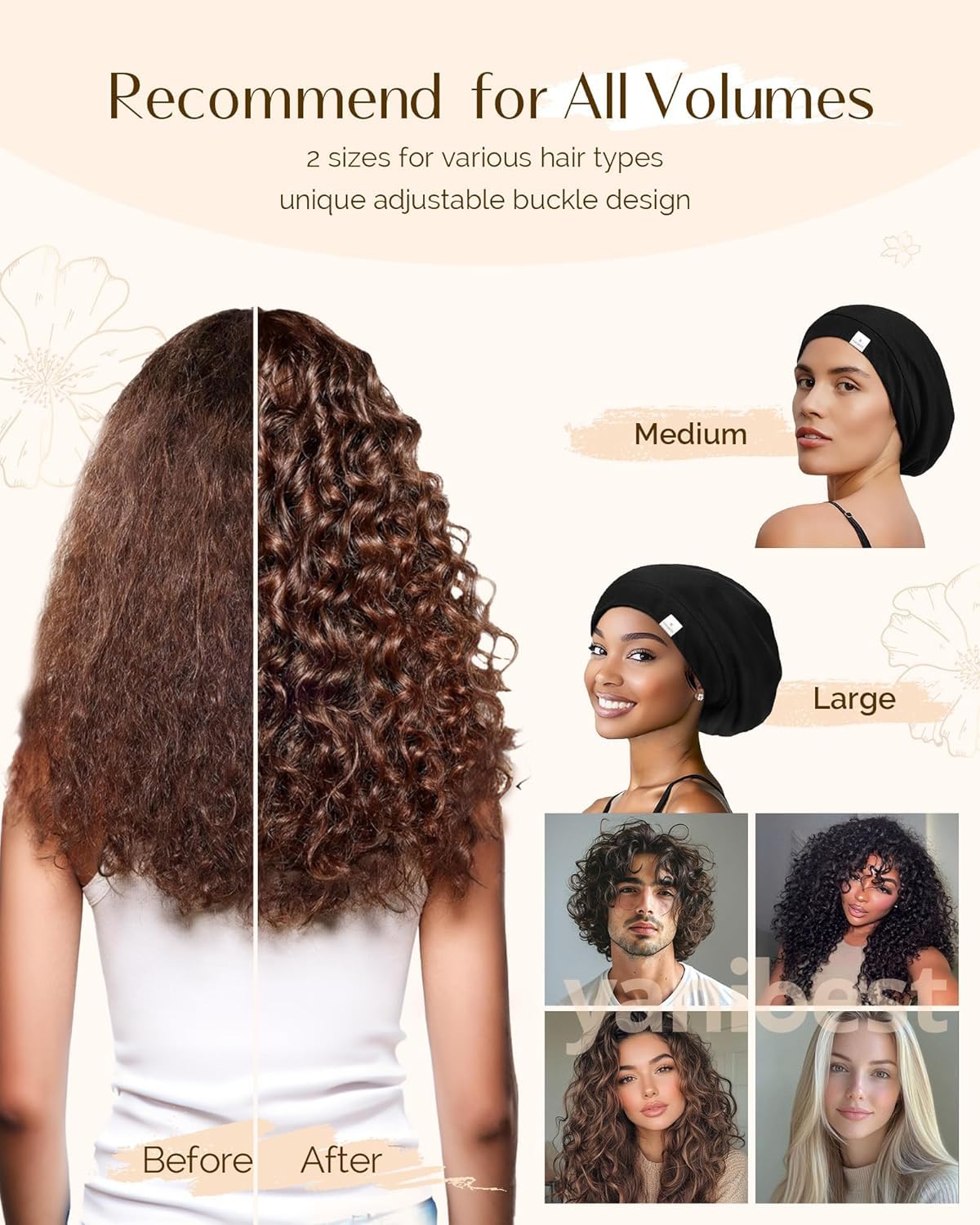 Thumbnail 3 de YANIBEST Seidensatin-Hauben-Haarwickel zum Schlafen – Verstellbarer Slouchy-Beanie für lockiges Haar