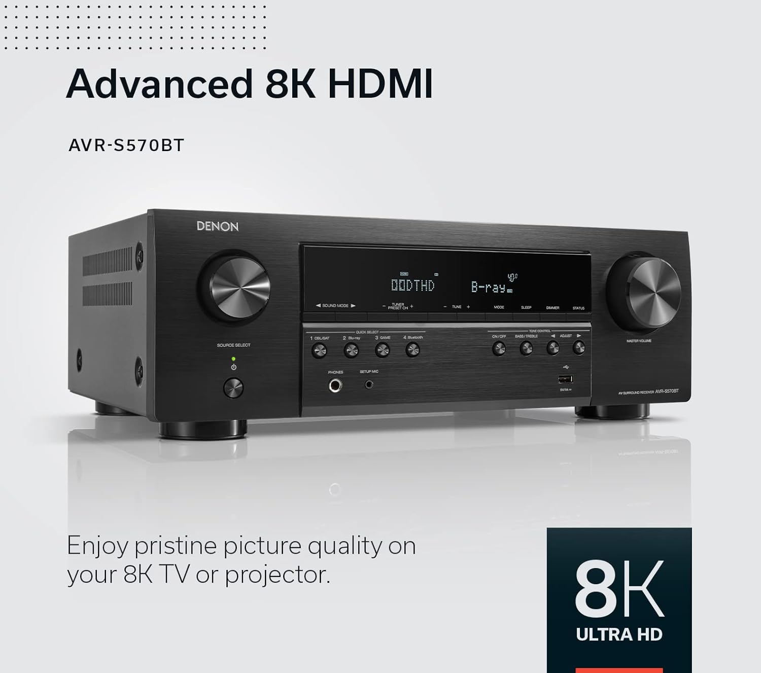 Detalle de Denon AVR-S570BT 5.2-Channel AV Receiver with 8K HDMI Inputs, eARC, and Bluetooth Streaming