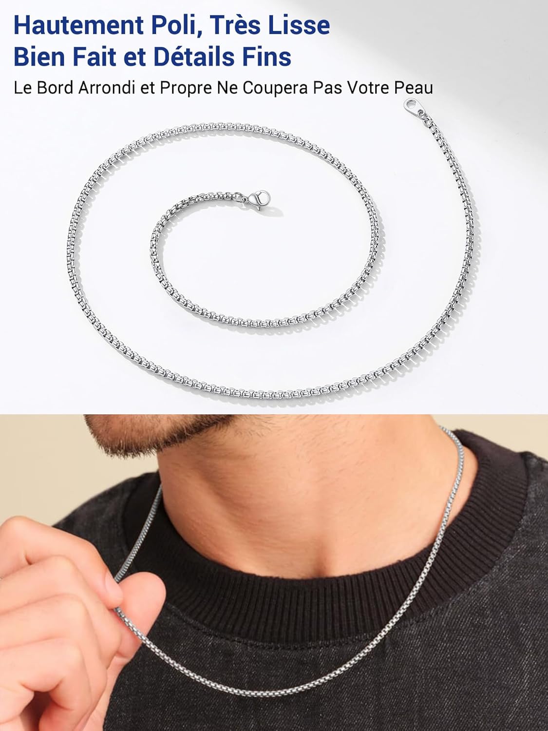 Thumbnail 4 de PROSTEEL Chaîne Collier Homme Maille Vénitienne Arrondie 3 mm – Acier Inoxydable + Plaqué Or/Métal Noir, Longueurs 46–81 cm