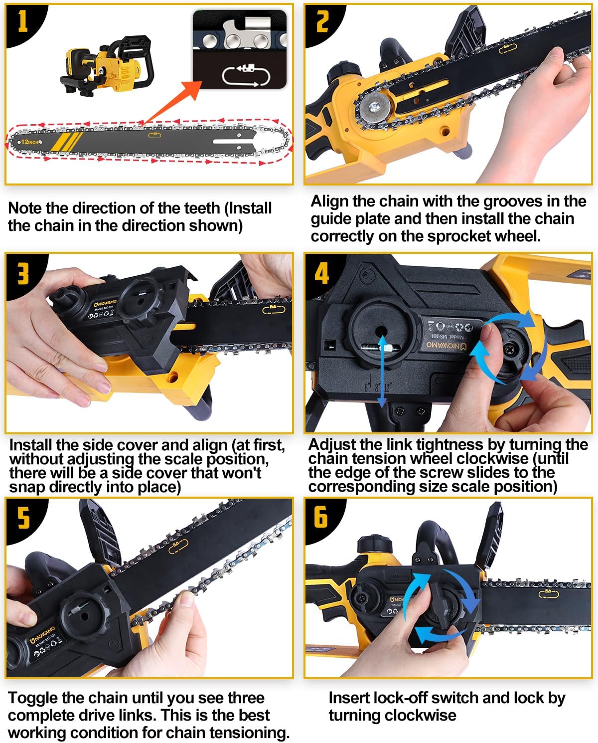 Detalle de Uniqwamo Electric Chainsaw, 3-in-1 1000W Cordless with 12, 8 and 6-inch Bars