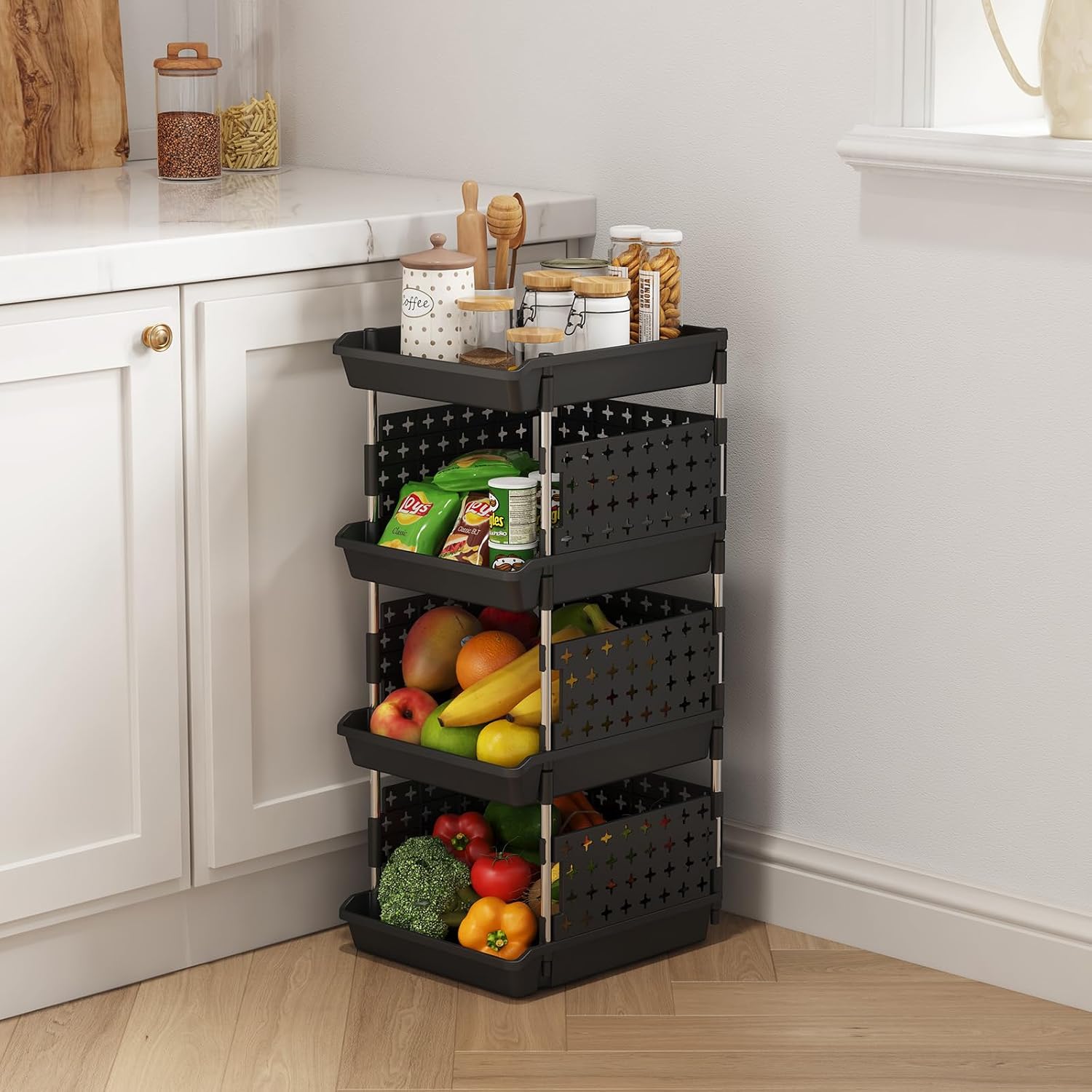 Detalle de Lifewit 23005 stapelbare opbergbakken, 4 niveaus, zwart, 35 x 30 x 72 cm