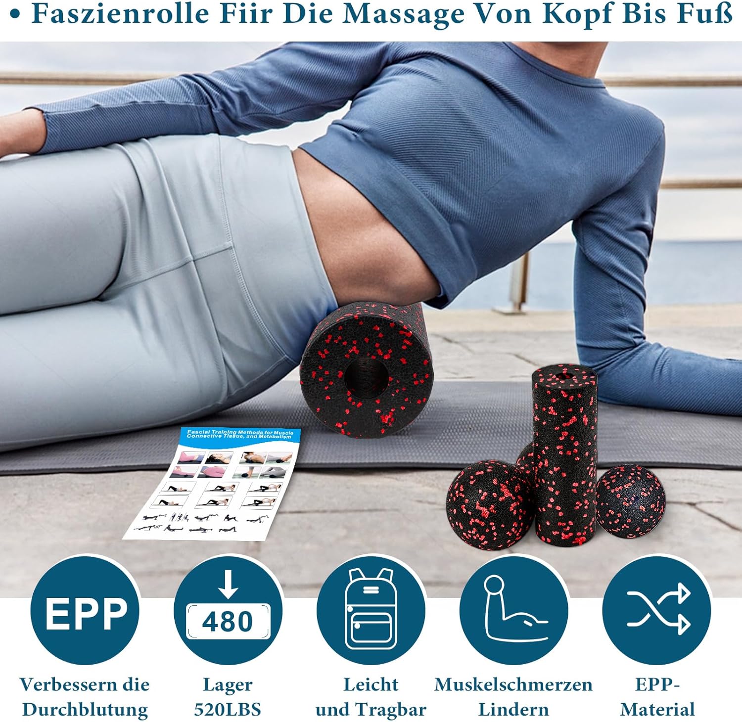 Thumbnail 2 de Faszienrolle Set Foam Roller mit Duoball, Mini-Faszienrolle und Fußball für Ganzkörper-Faszientraining – Rot