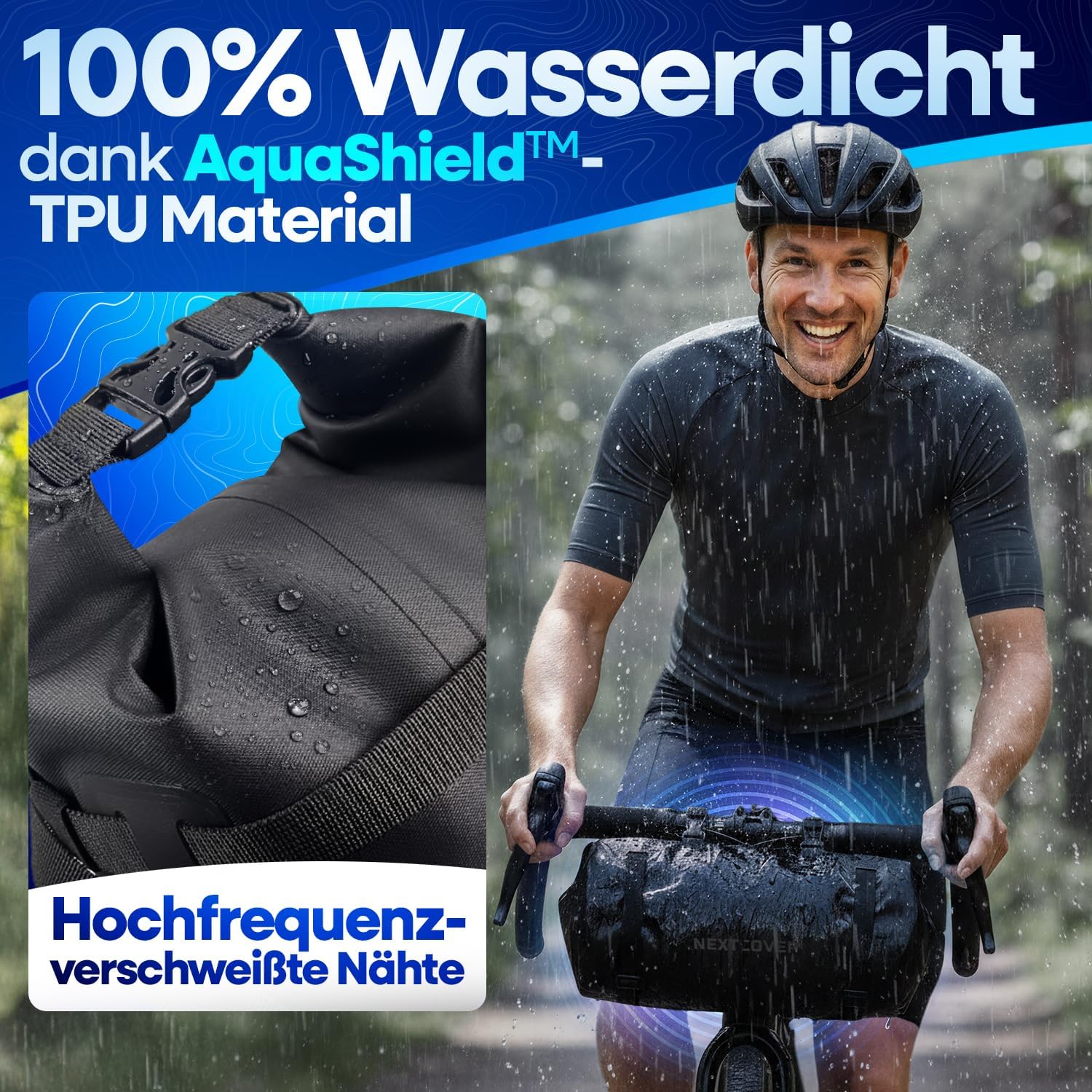 Detalle de Nextcover® Bikepacking Lenkerrolle 10L – Wasserdichte Lenkerstasche für Gravelbike, MTB und Rennrad